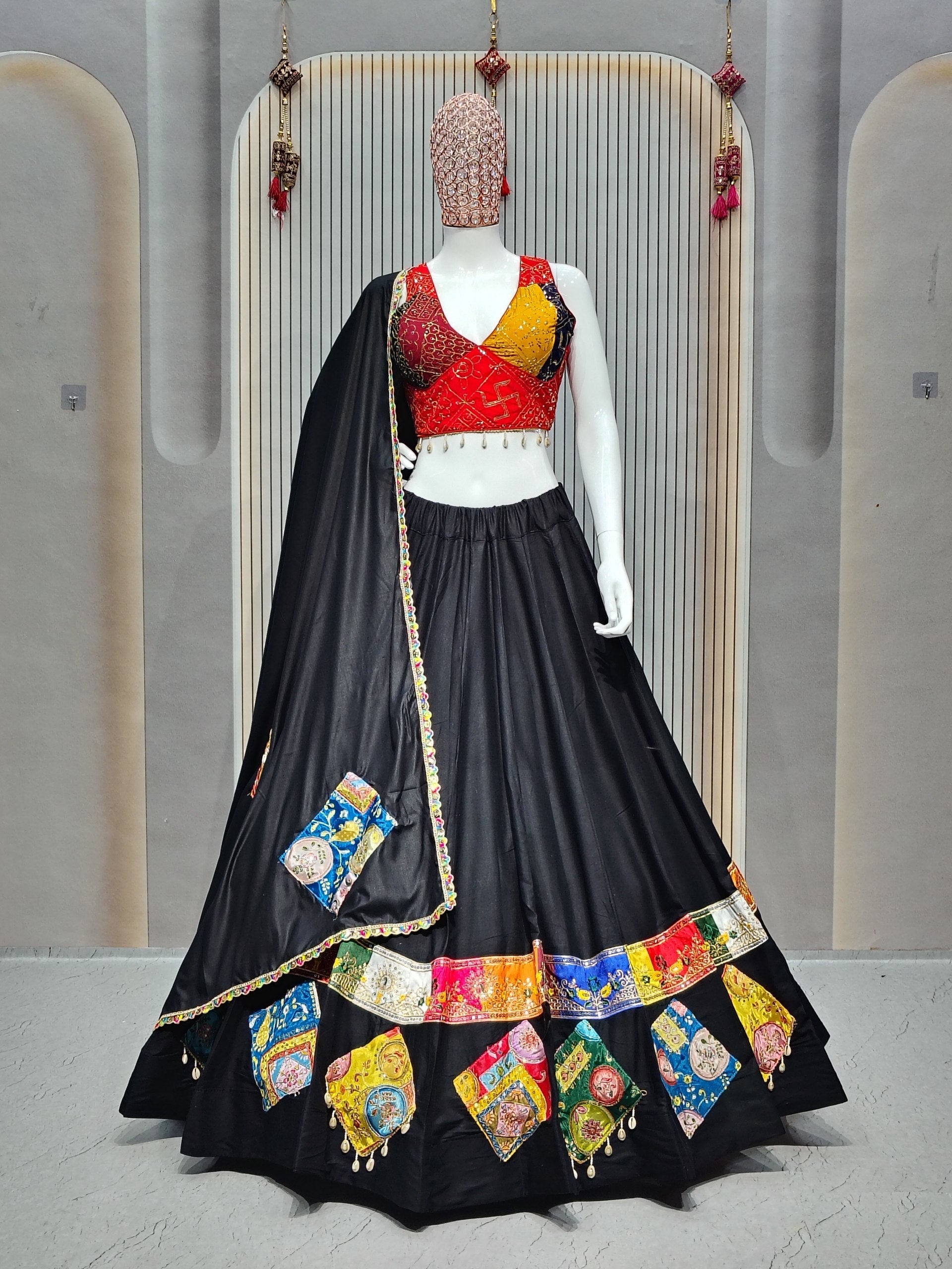 DEIANA'S Gamthi Patch With Handmade Kodi Lace Lehenga Choli - Black 