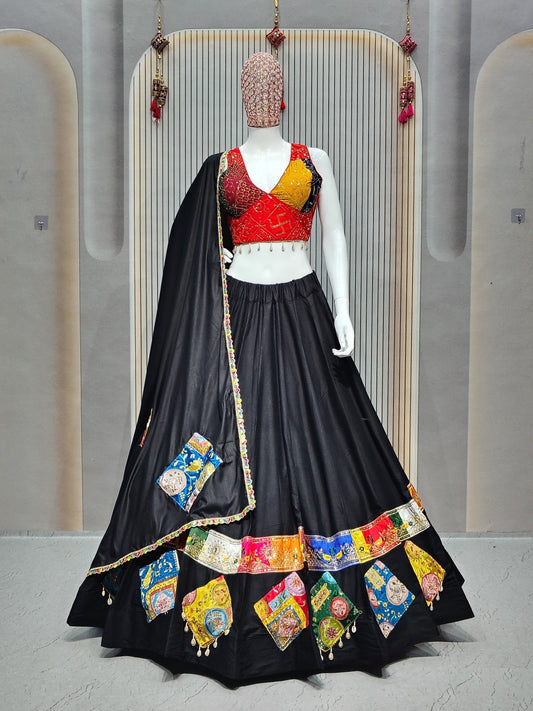 DEIANA'S Gamthi Patch With Handmade Kodi Lace Lehenga Choli - Black 