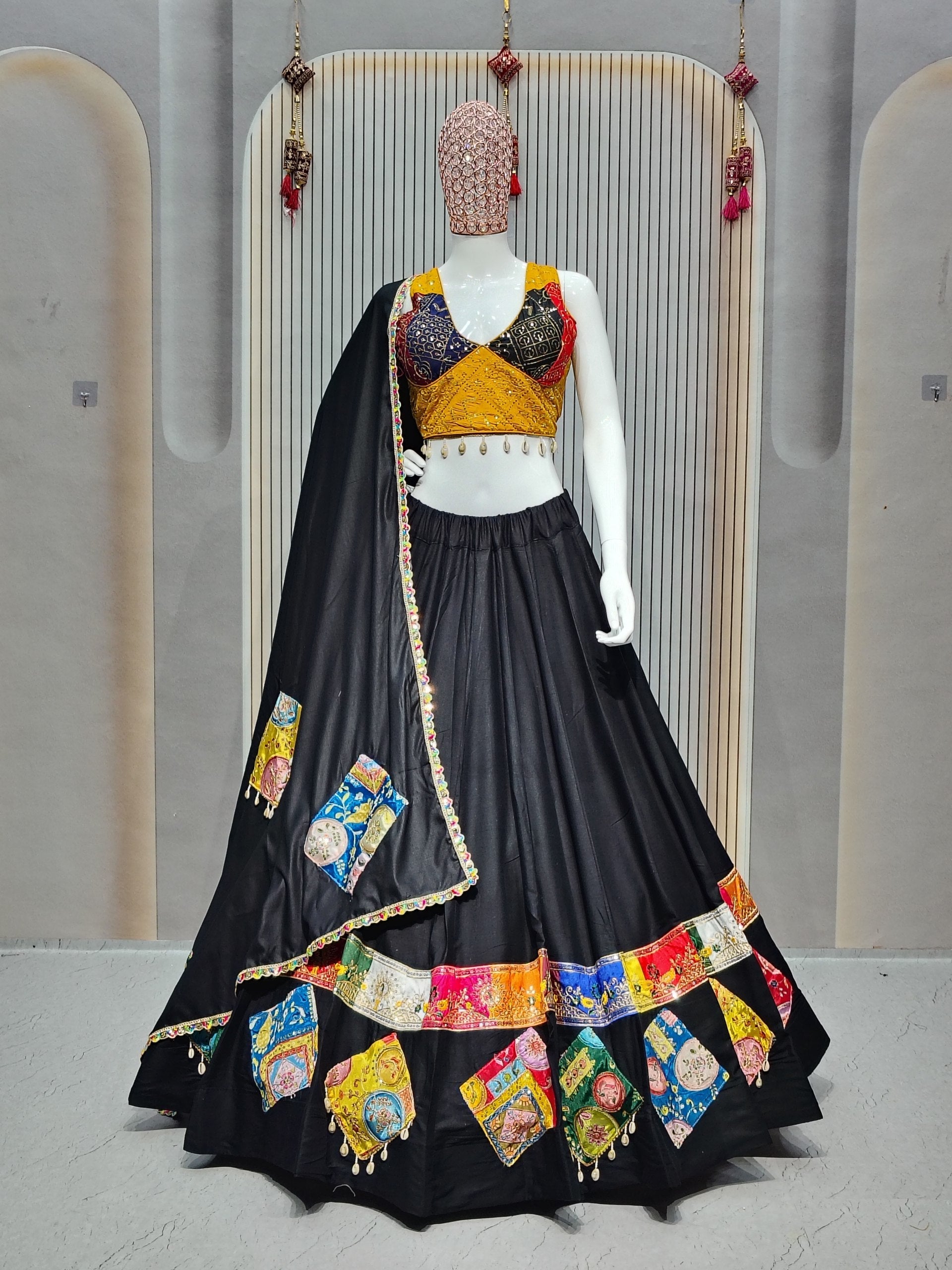 DEIANA'S Gamthi Patch With Handmade Kodi Lace Lehenga Choli - Black 