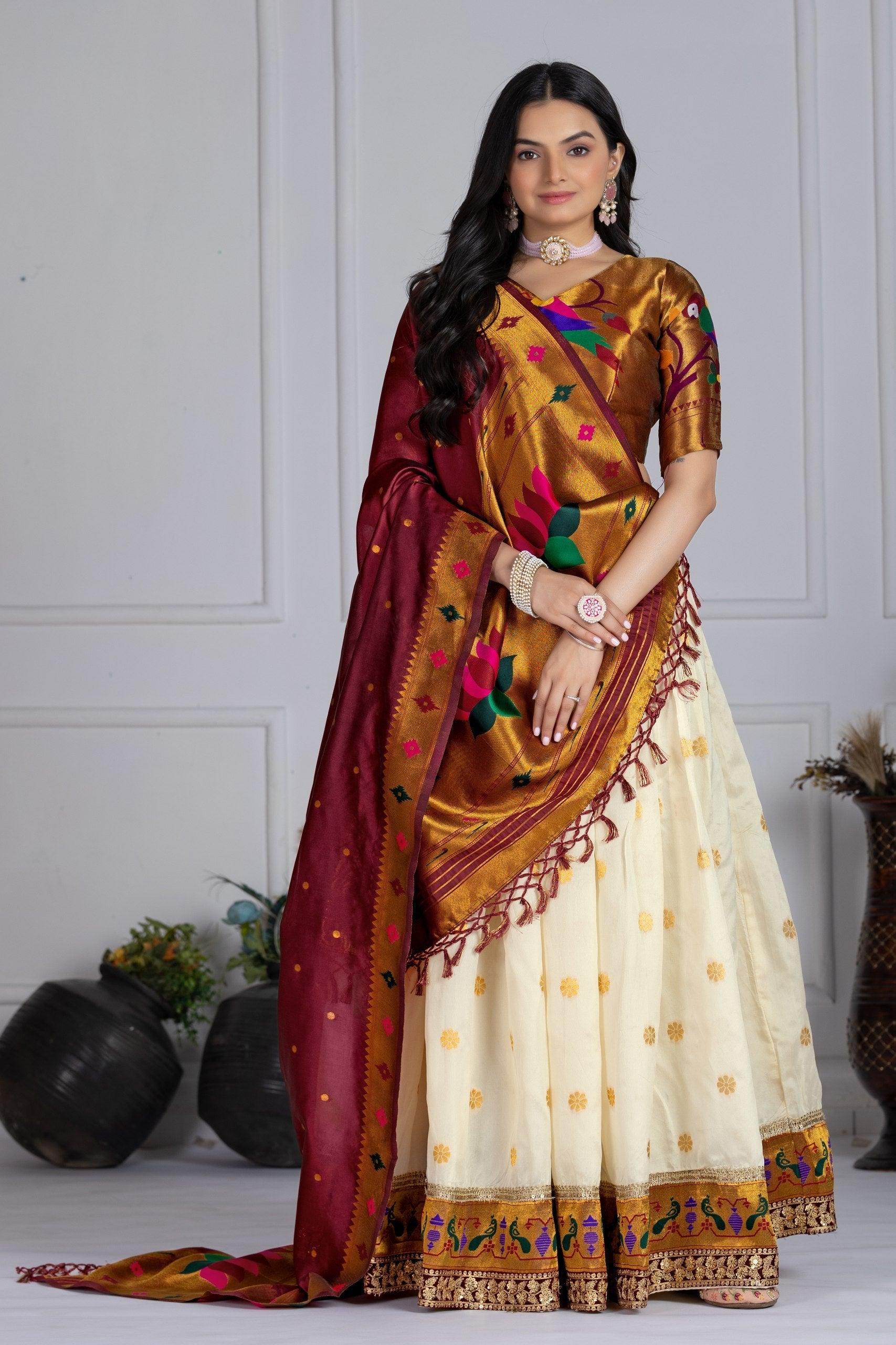 DEIANA'S Jacquard With Jari Print Weaving Lehenga Choli - Off White 