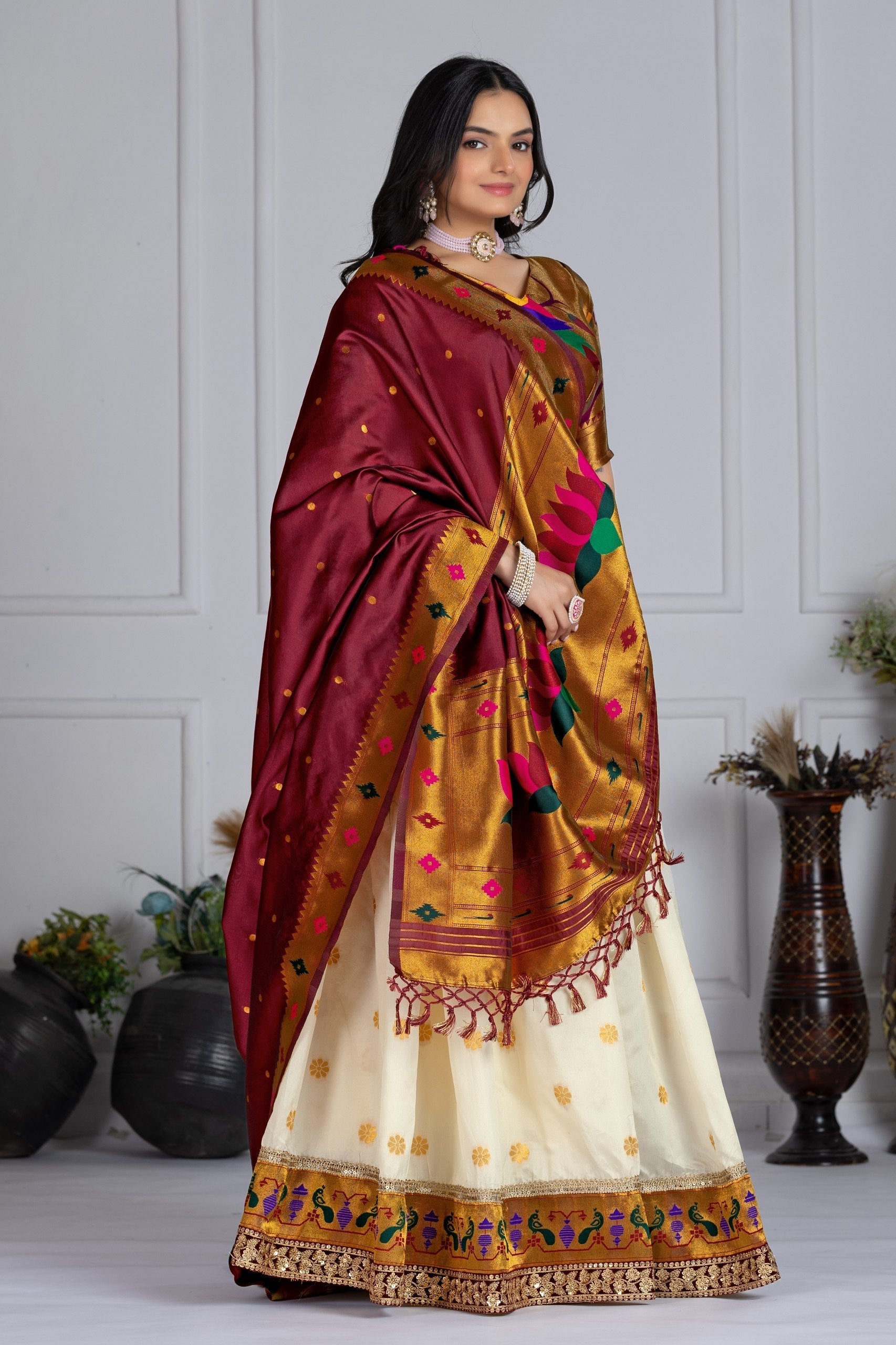 DEIANA'S Jacquard With Jari Print Weaving Lehenga Choli - Off White 