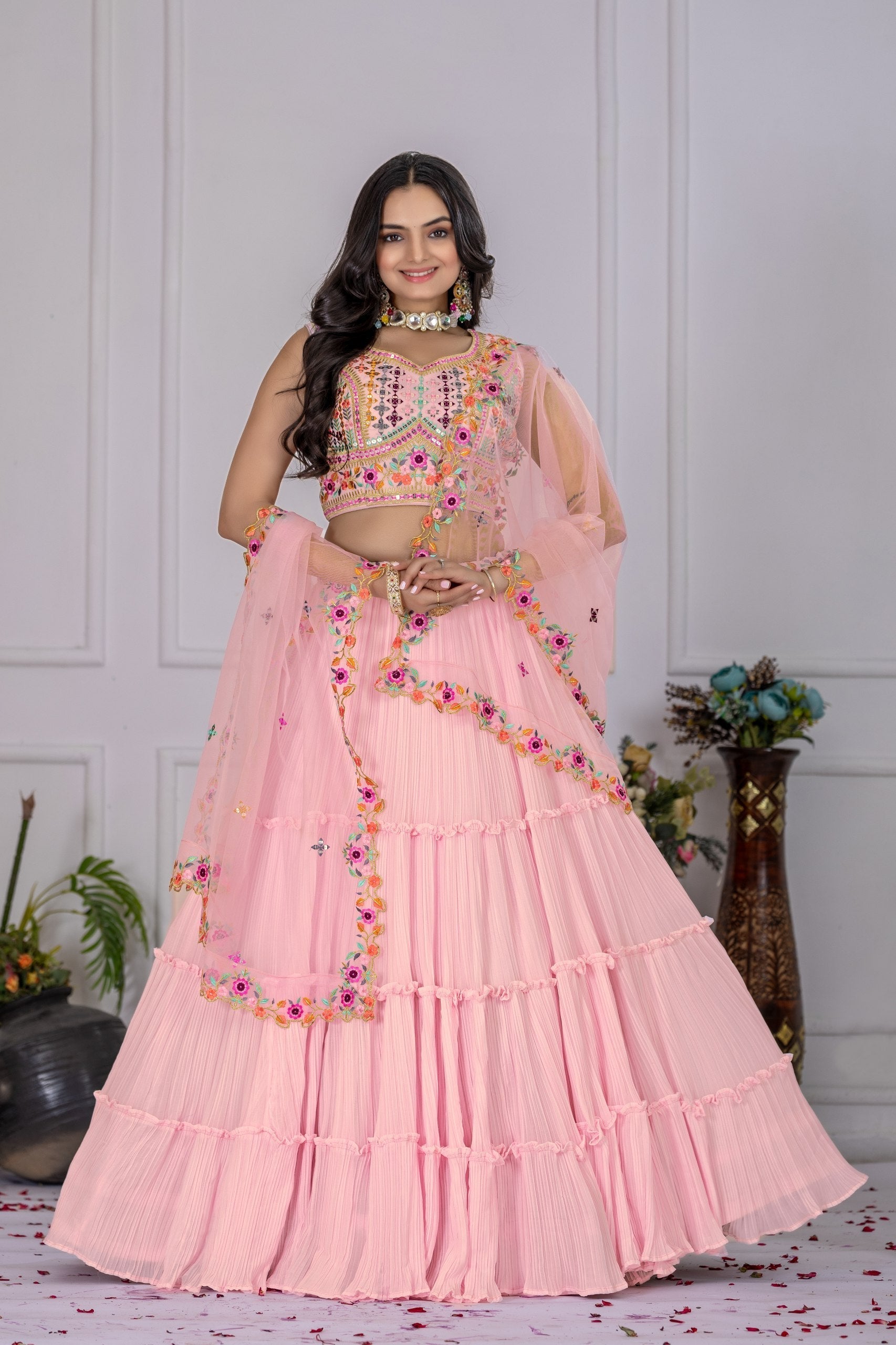 DEIANA'S Heavy Plain with crease work Lehenga Choli - Pink 