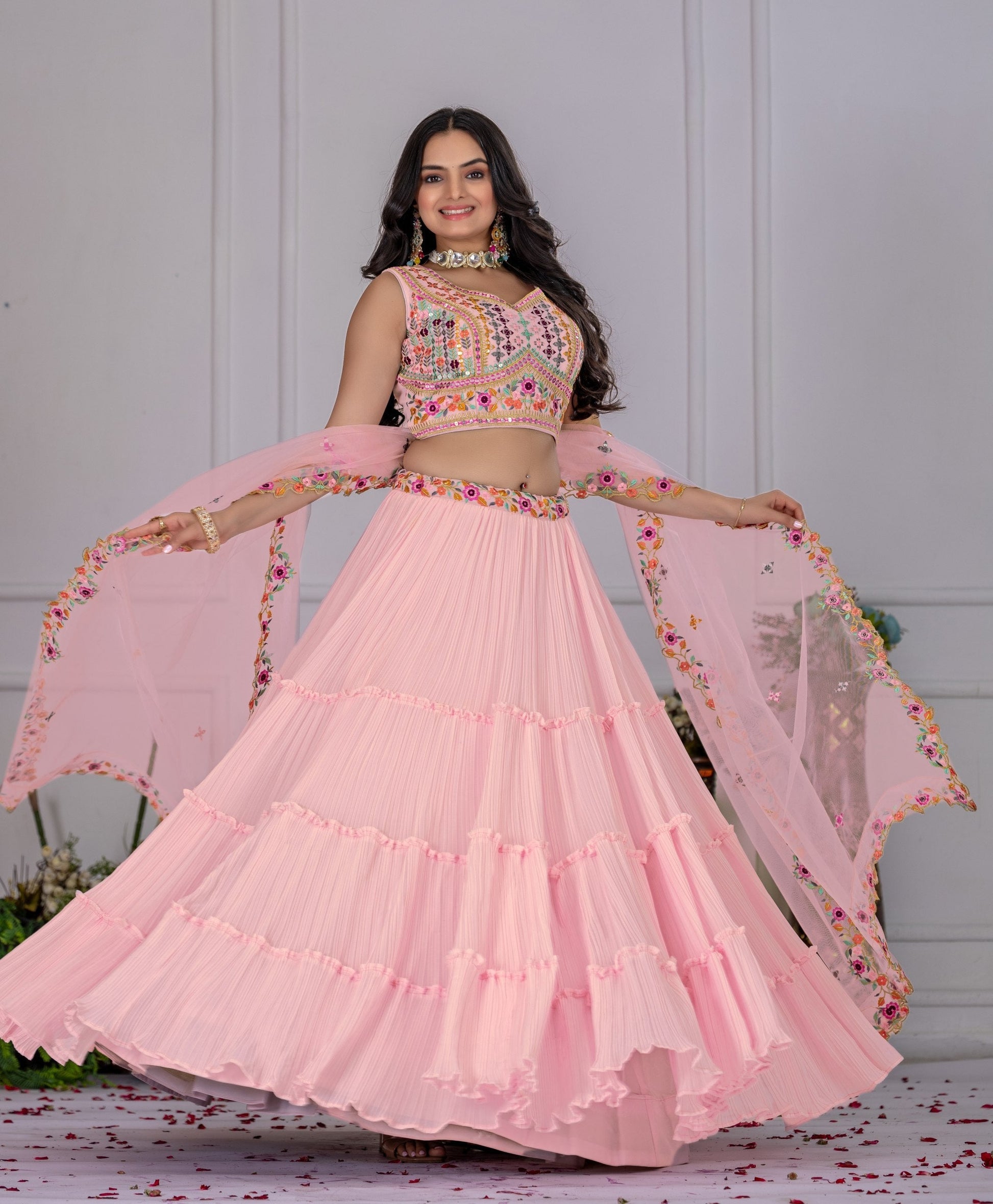 DEIANA'S Heavy Plain with crease work Lehenga Choli - Pink 