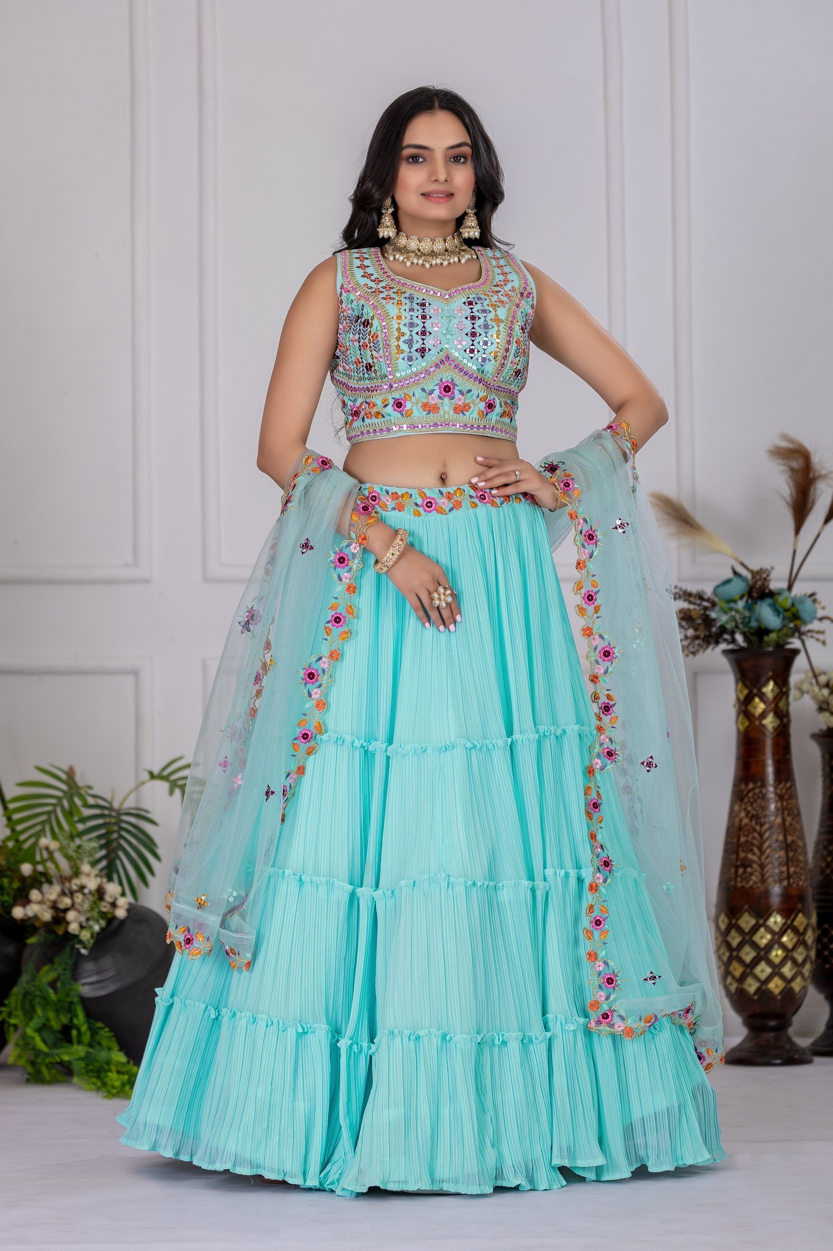 DEIANA'S Heavy Plain with crease work Lehenga Choli - Sky Blue 