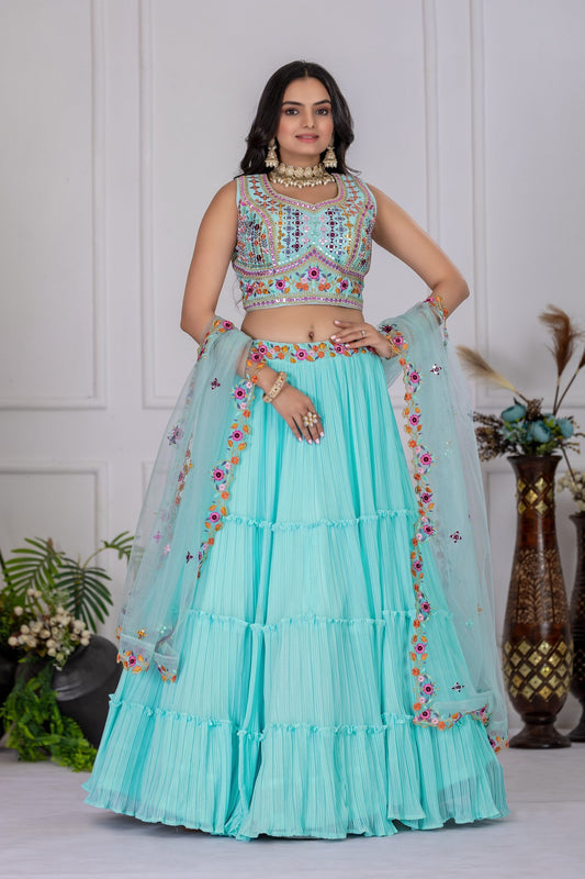 DEIANA'S Heavy Plain with crease work Lehenga Choli - Sky Blue 