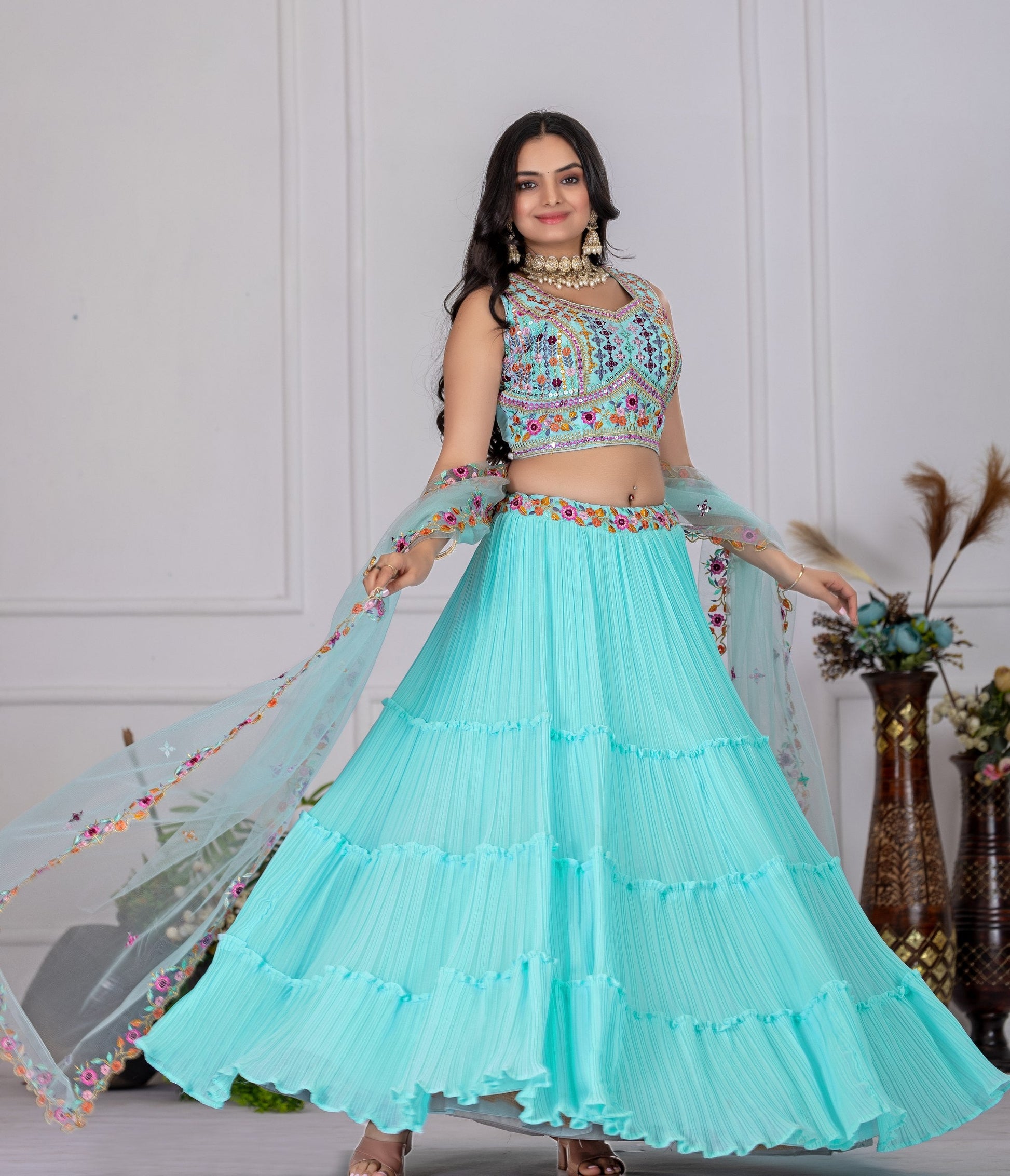 DEIANA'S Heavy Plain with crease work Lehenga Choli - Sky Blue 