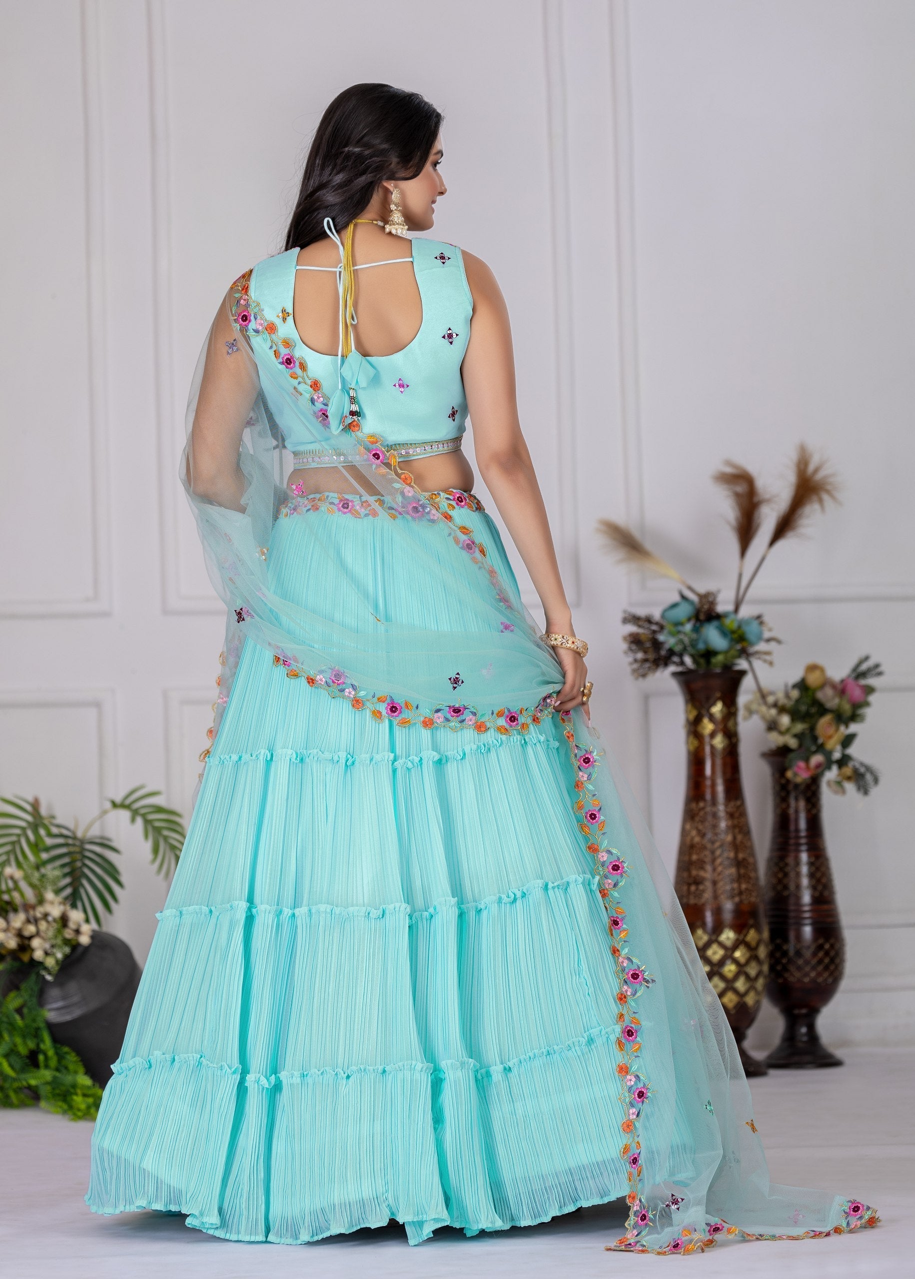 DEIANA'S Heavy Plain with crease work Lehenga Choli - Sky Blue 