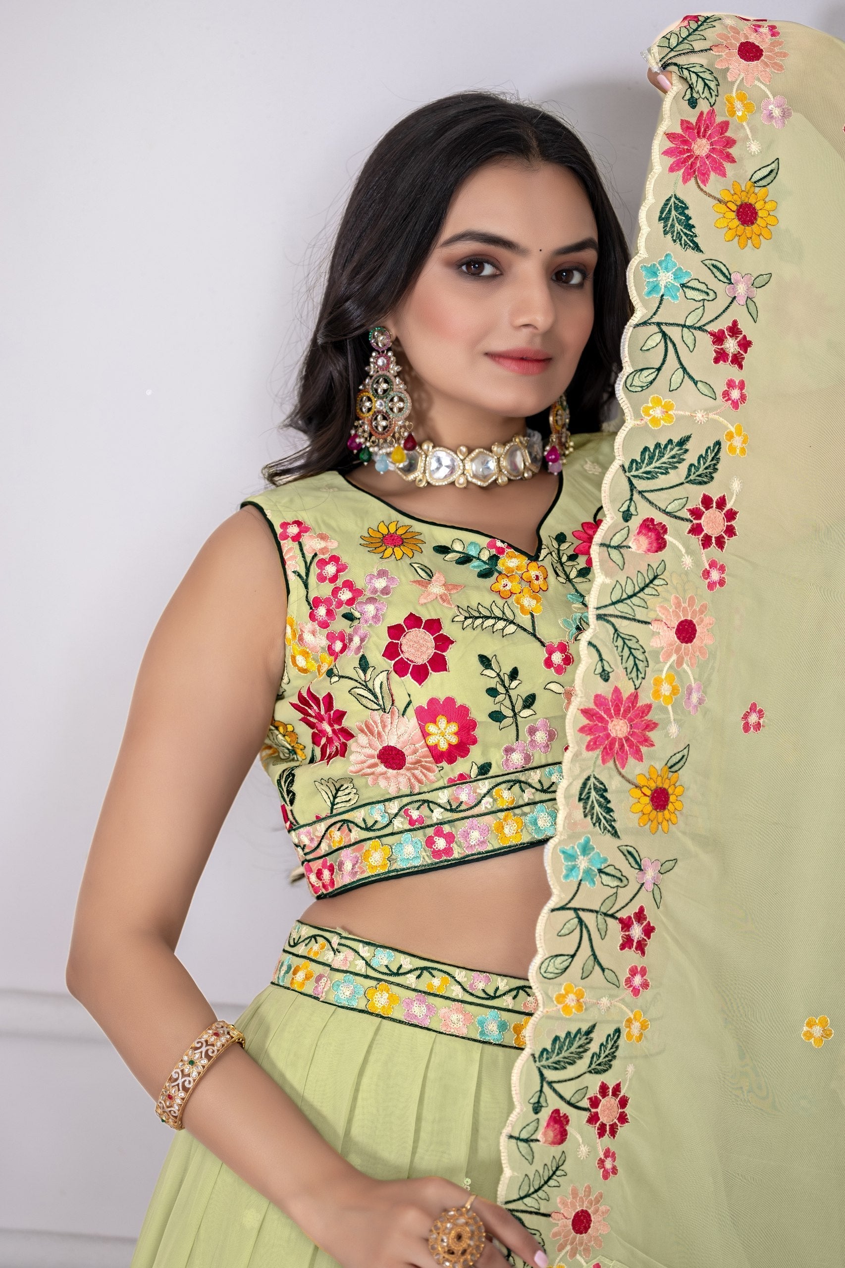 DEIANA'S Heavy Embroidery With Multi Work Lehenga Choli - Pastel Green 