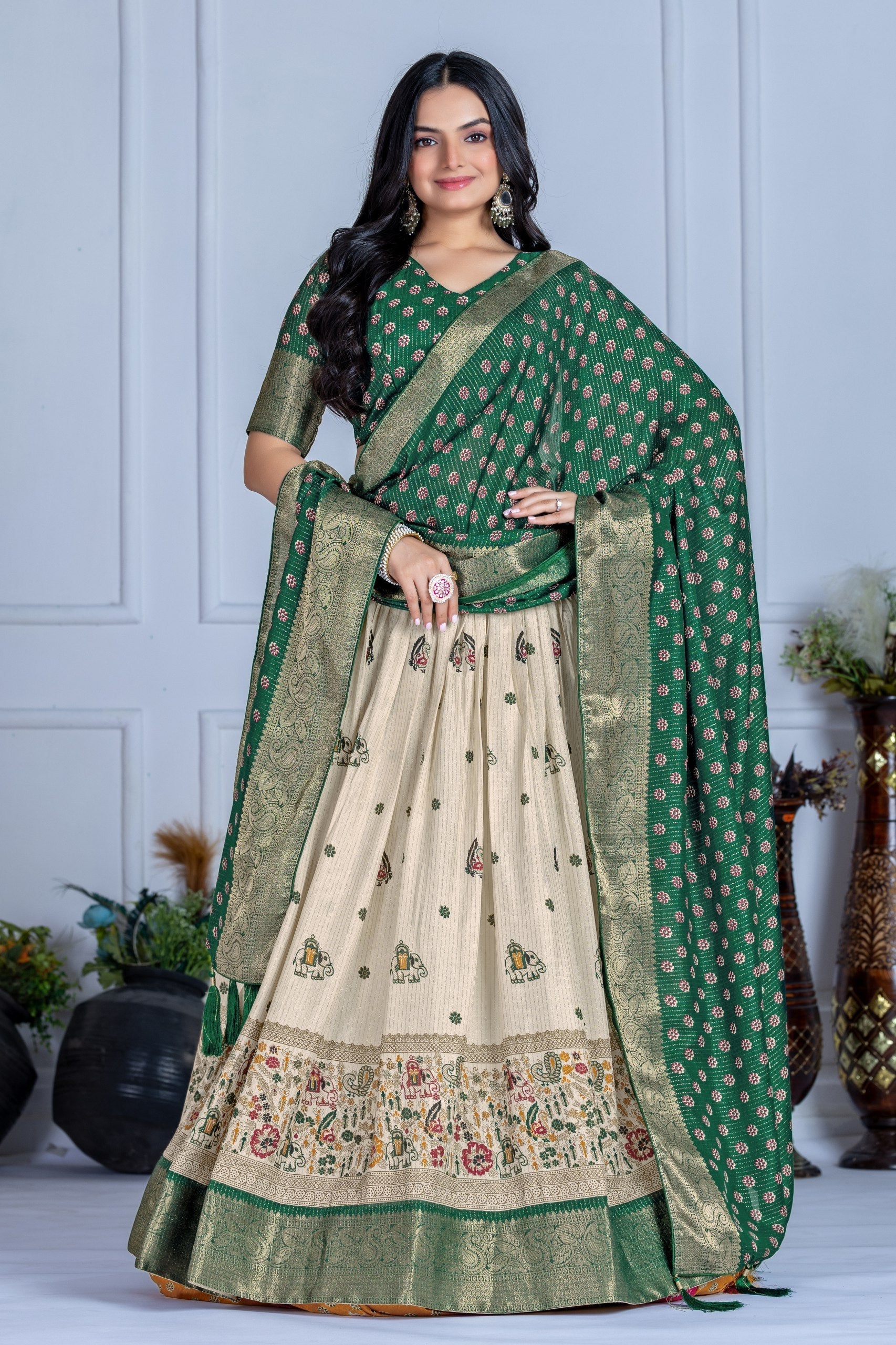 DEIANA'S Jacquard With Jari Print Weaving Lehenga Choli - Off White 