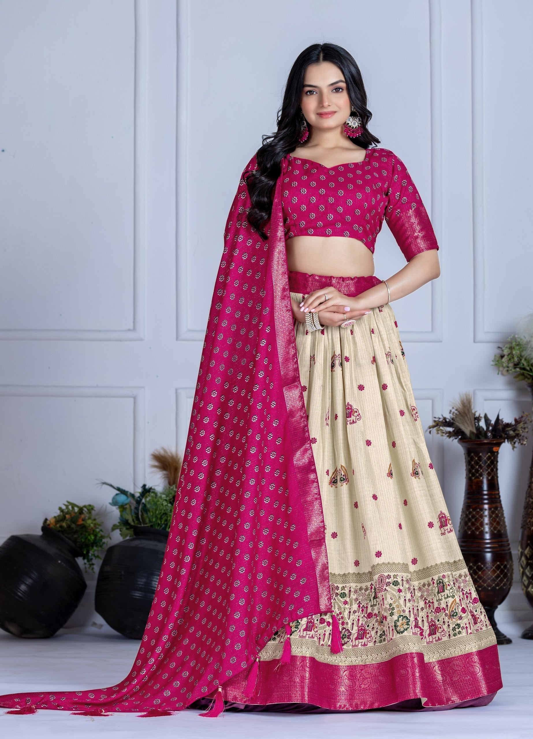 DEIANA'S Jacquard With Jari Print Weaving Lehenga Choli - Off White 