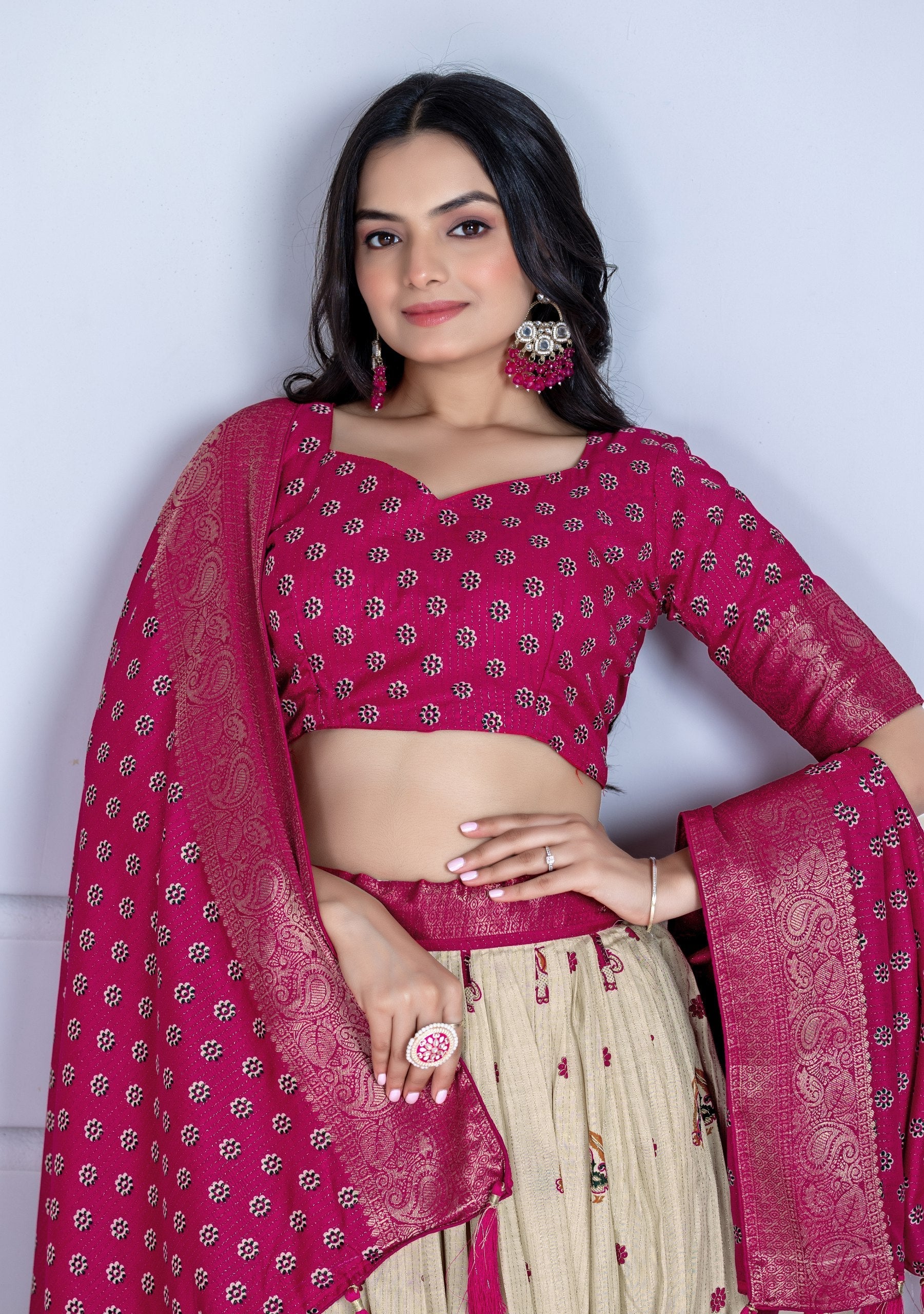 DEIANA'S Jacquard With Jari Print Weaving Lehenga Choli - Off White 