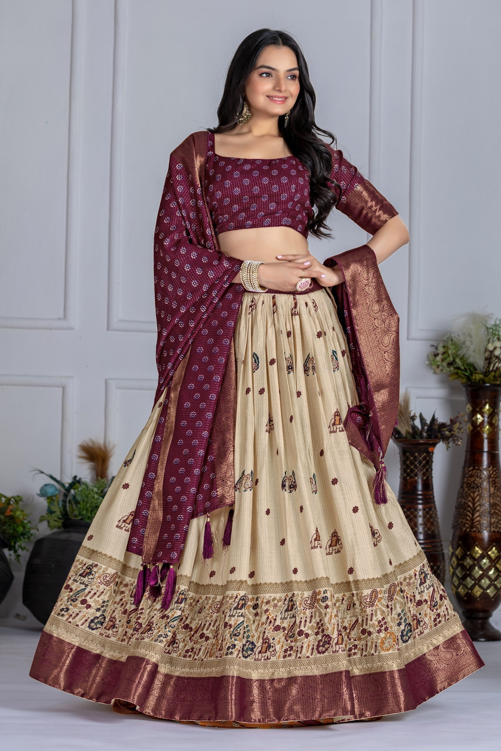 DEIANA'S Jacquard With Jari Print Weaving Lehenga Choli - Off White 