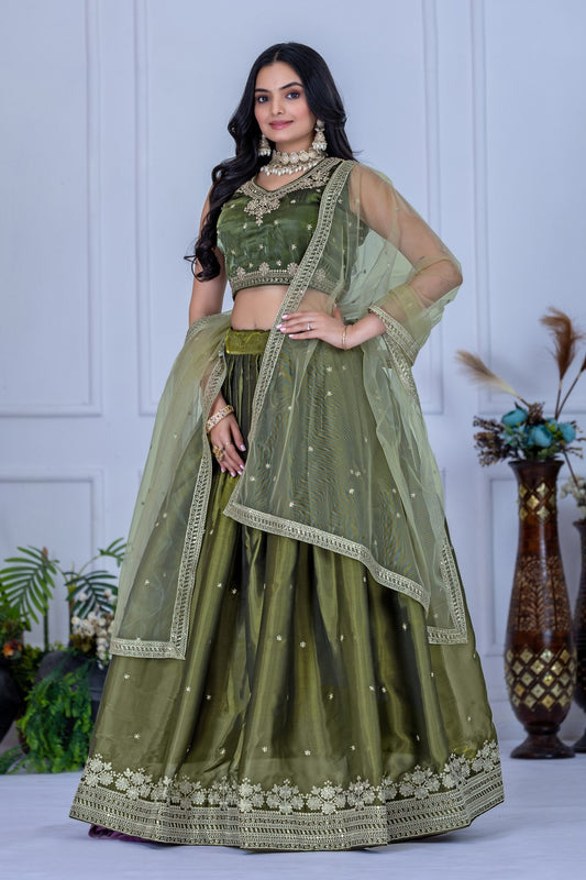DEIANA'S Heavy Embroidery With Sequence Work Lehenga Choli - Mehndi 