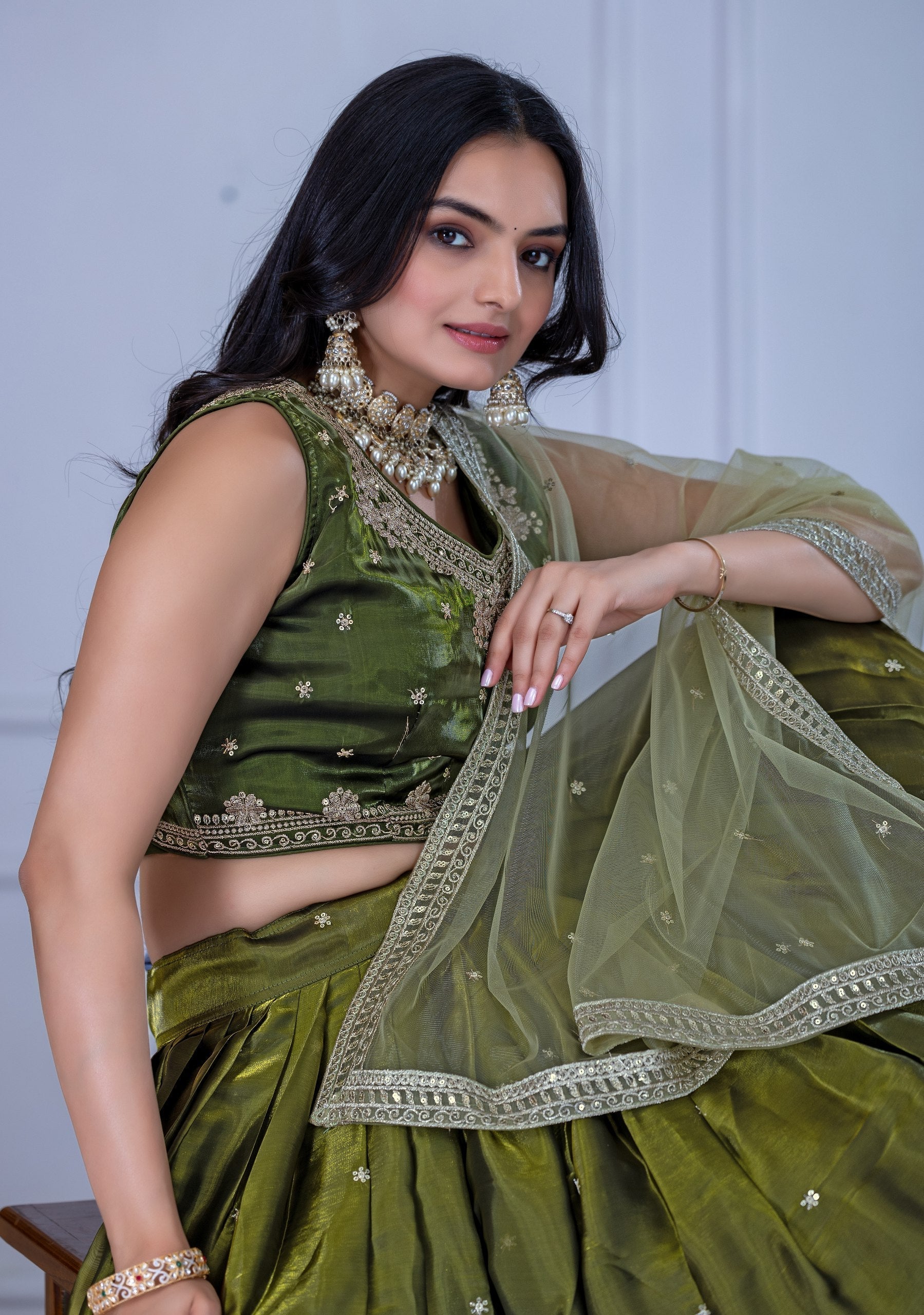 DEIANA'S Heavy Embroidery With Sequence Work Lehenga Choli - Mehndi 
