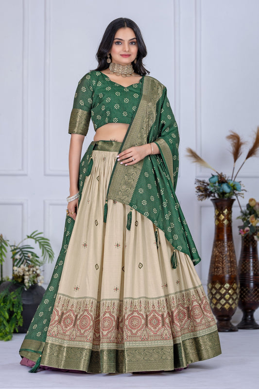 DEIANA'S Jacquard With Jari Lining With Print Lehenga Choli - Off White 