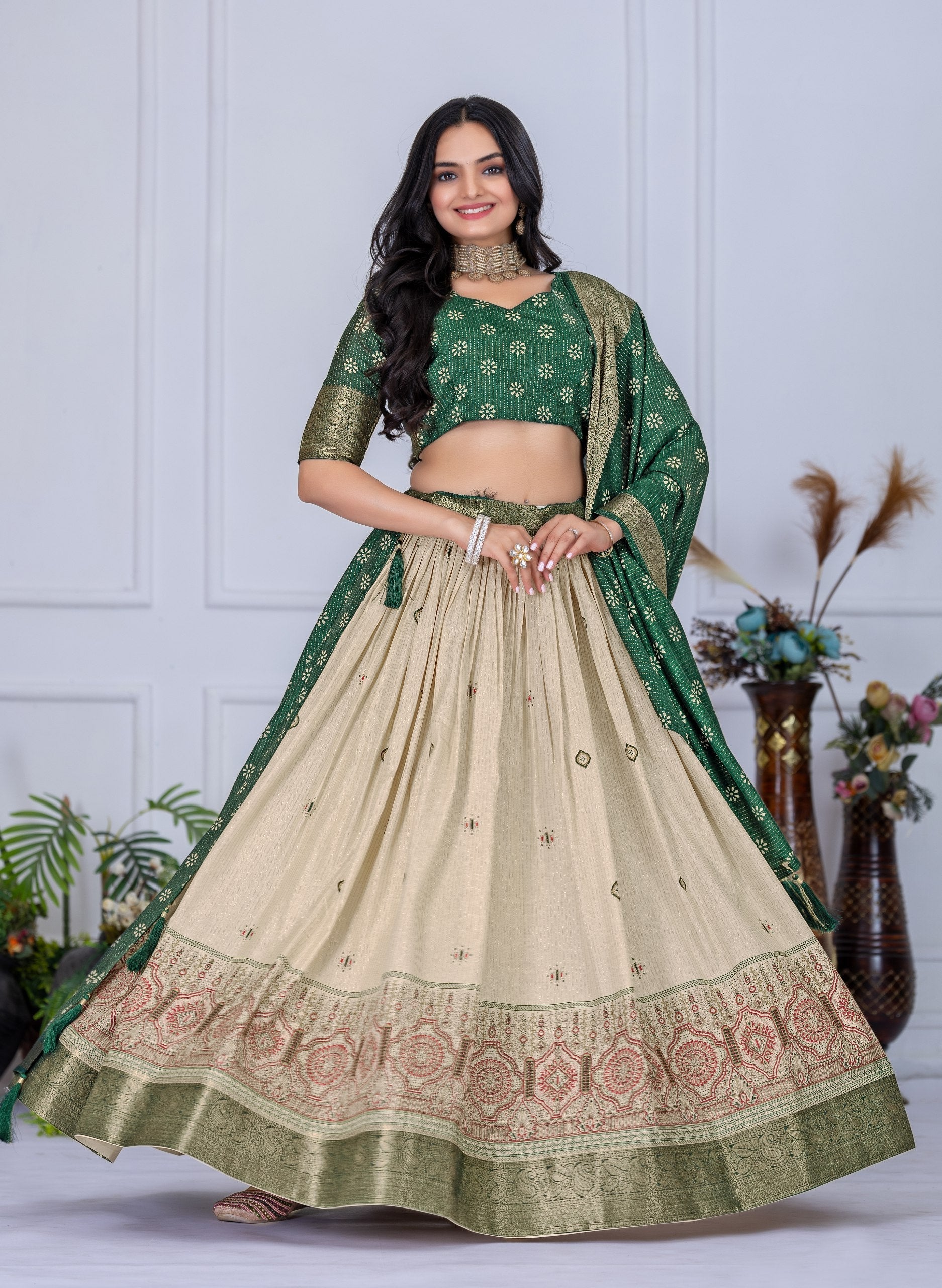 DEIANA'S Jacquard With Jari Lining With Print Lehenga Choli - Off White 