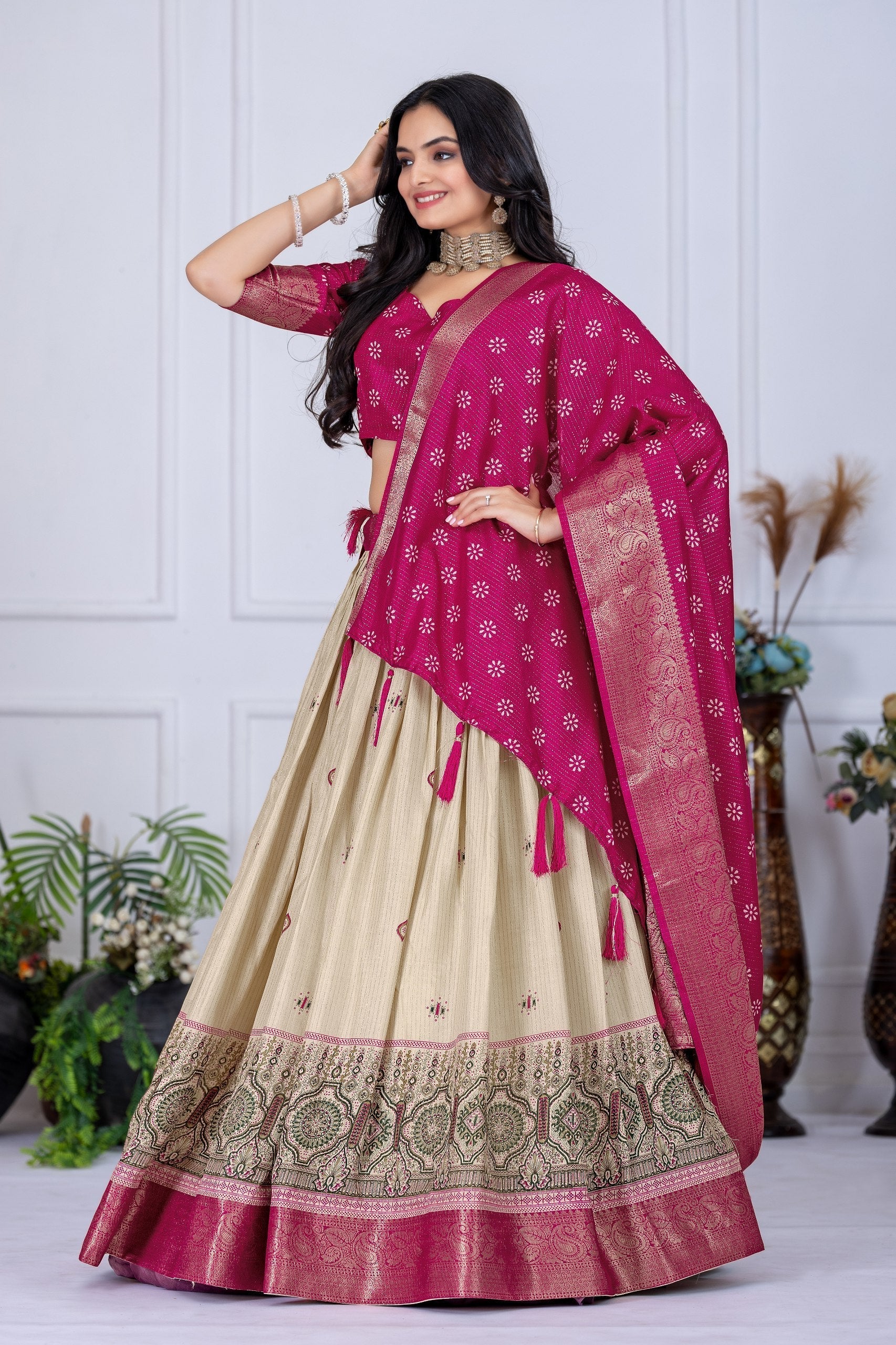 DEIANA'S Jacquard With Jari Lining With Print Lehenga Choli - Off White 