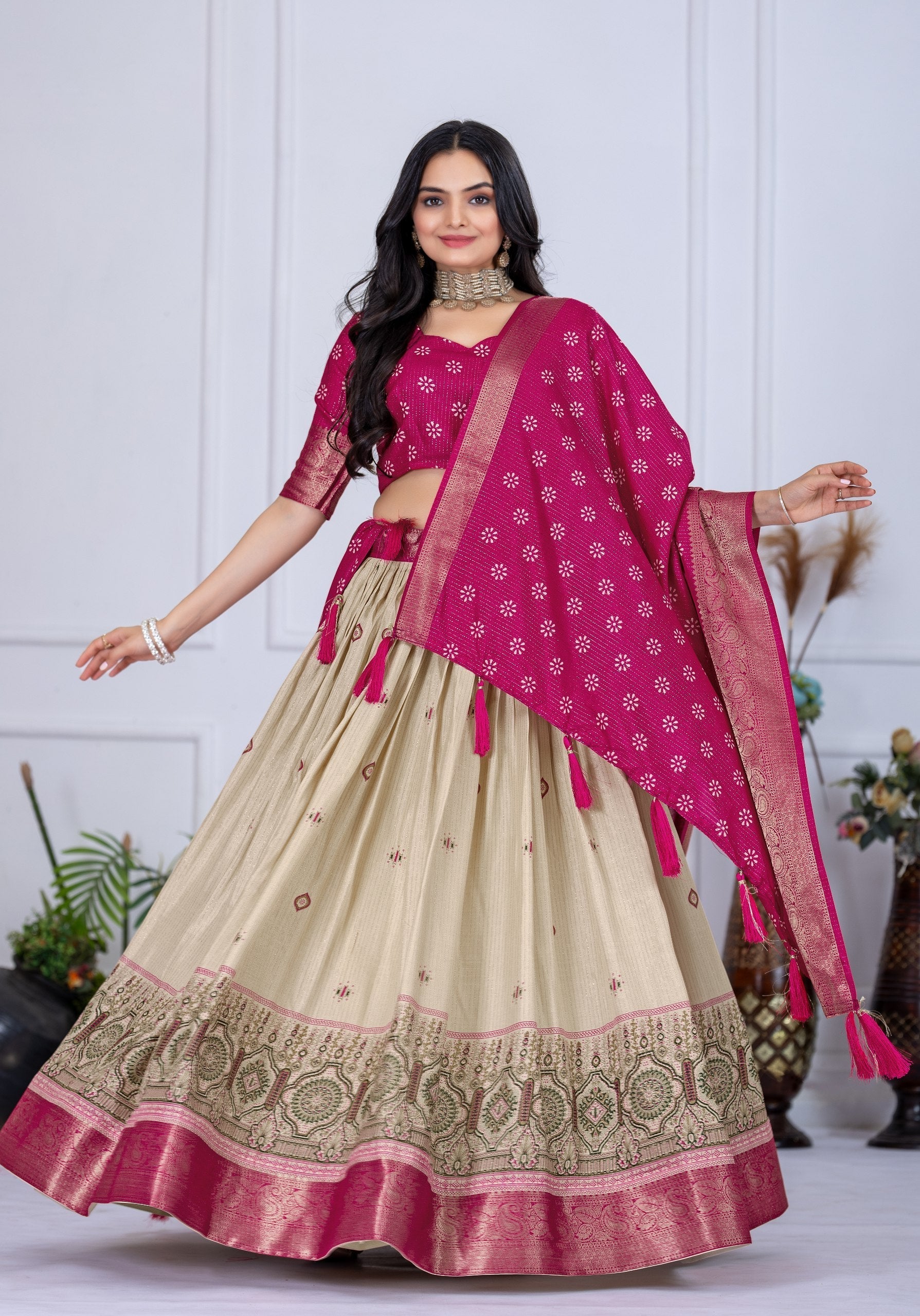 DEIANA'S Jacquard With Jari Lining With Print Lehenga Choli - Off White 