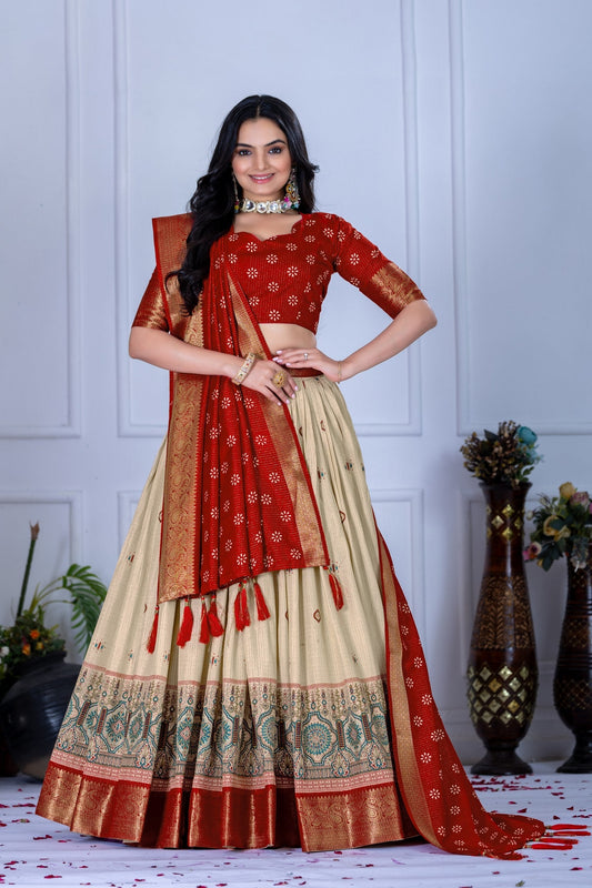 DEIANA'S Jacquard With Jari Lining With Print Lehenga Choli - Off White 