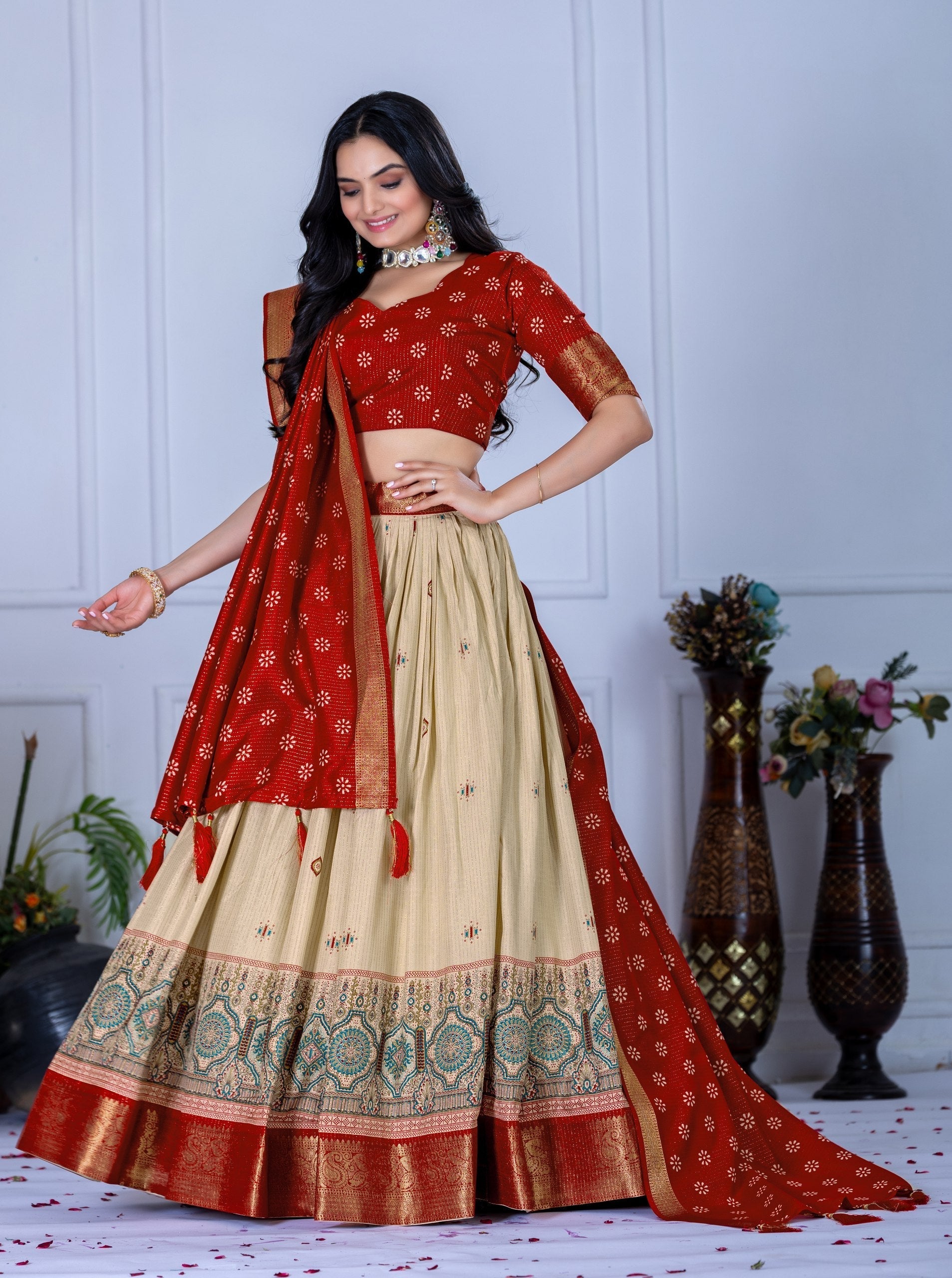 DEIANA'S Jacquard With Jari Lining With Print Lehenga Choli - Off White 