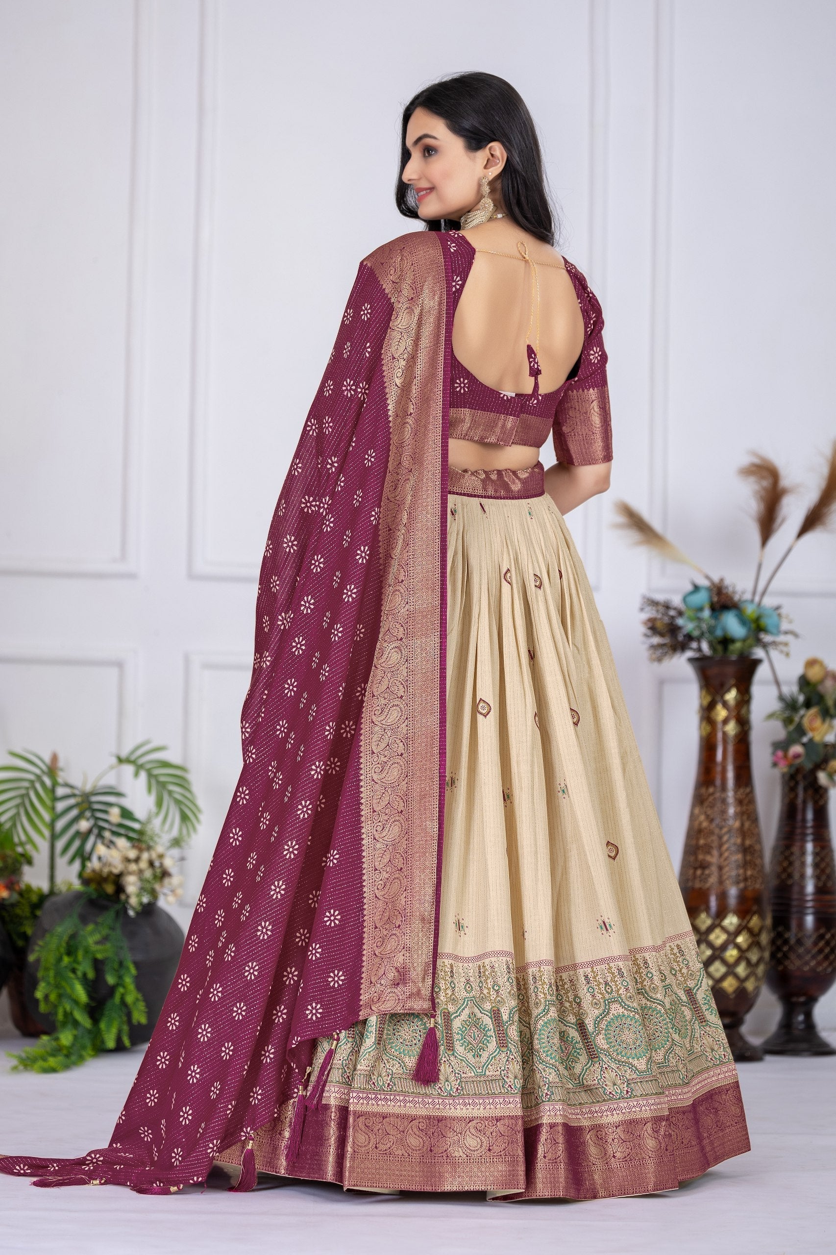 DEIANA'S Jacquard With Jari Lining With Print Lehenga Choli - Off White 