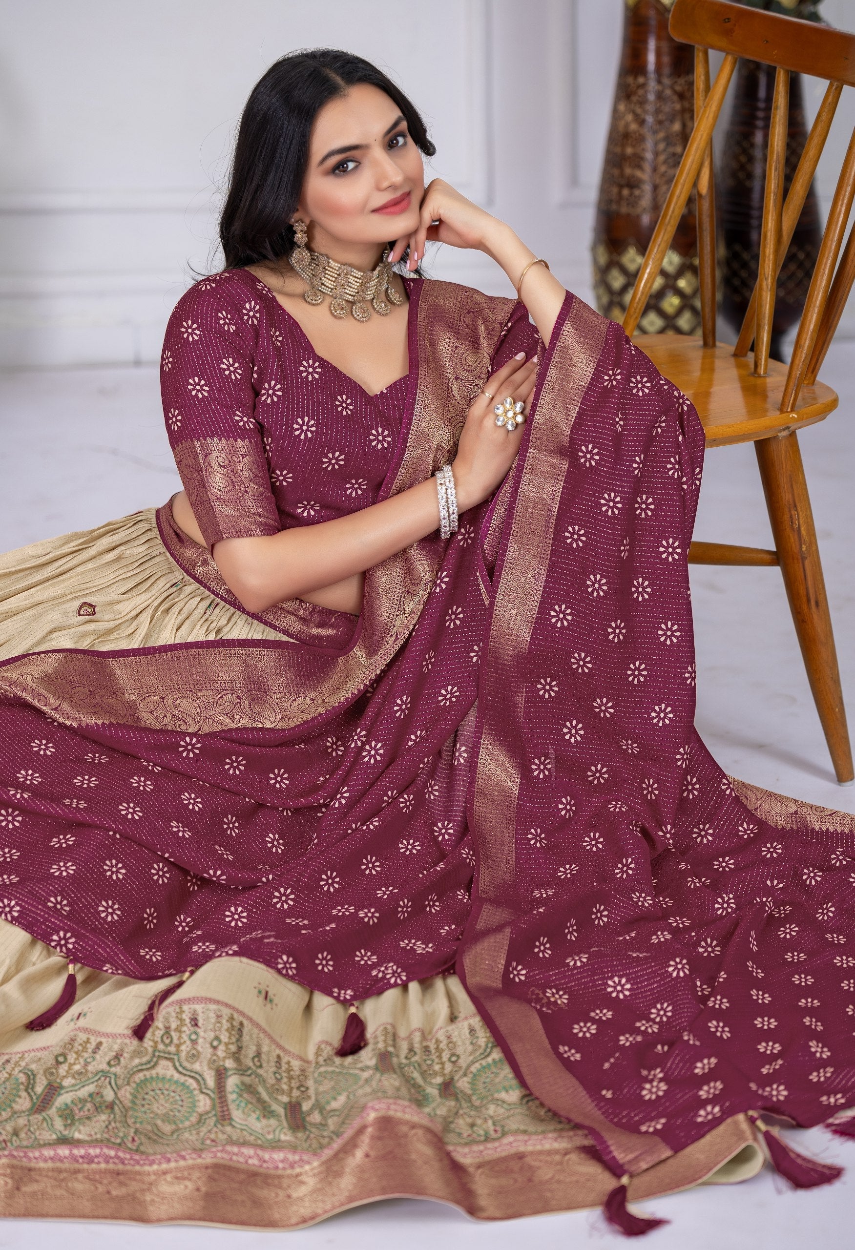 DEIANA'S Jacquard With Jari Lining With Print Lehenga Choli - Off White 