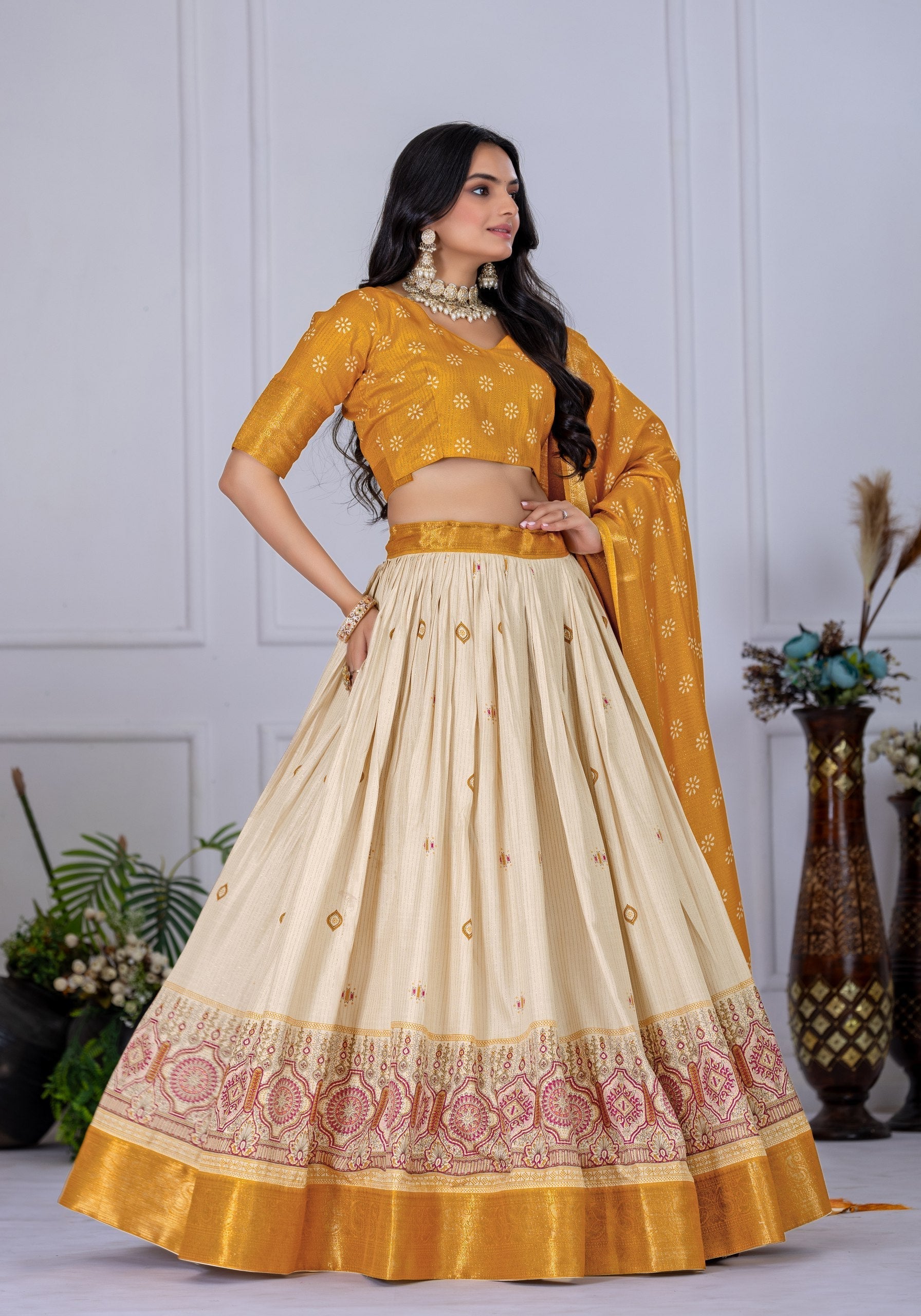 DEIANA'S Jacquard With Jari Lining With Print Lehenga Choli - Off White 