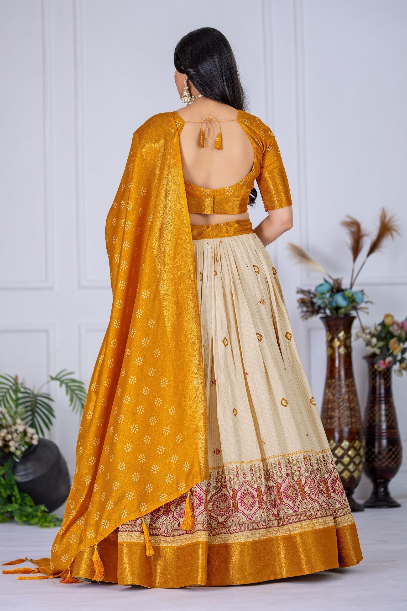 DEIANA'S Jacquard With Jari Lining With Print Lehenga Choli - Off White 