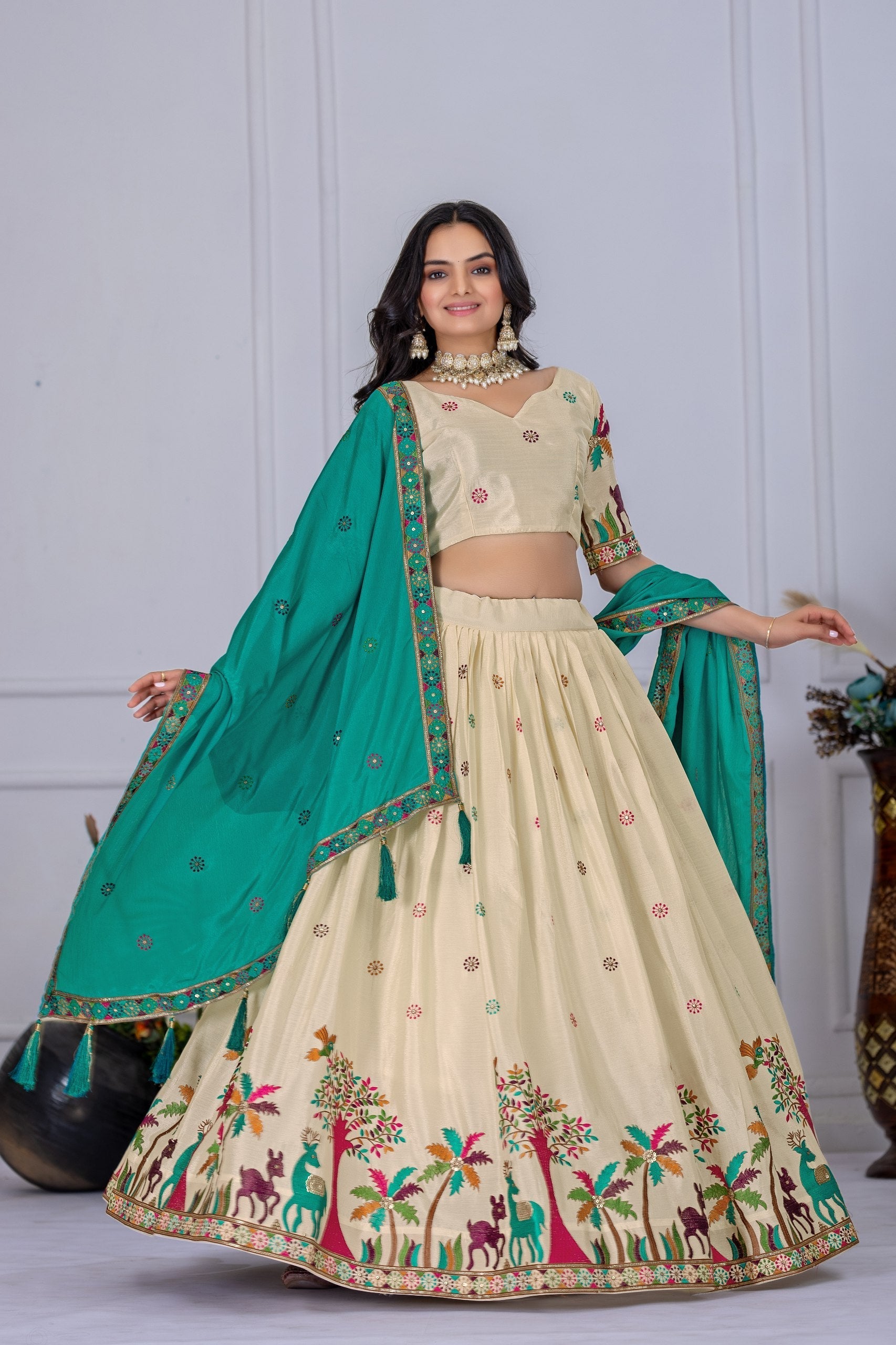 DEIANA'S Heavy Embroidery With Multi Color Work Lehenga Choli - Off White 