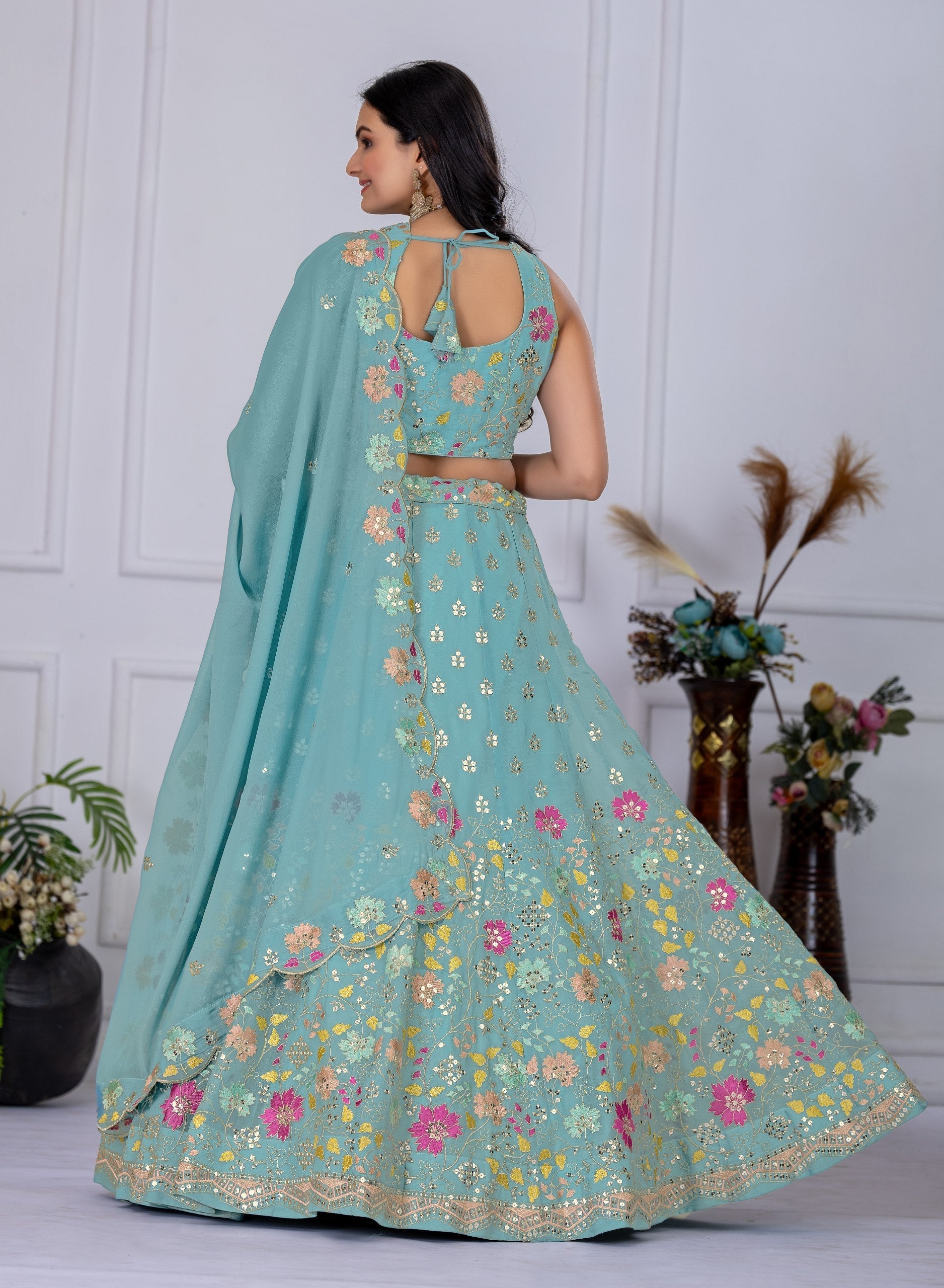 DEIANA'S Heavy Embroidery With Multi Thread Work Lehenga Choli - Firozi 