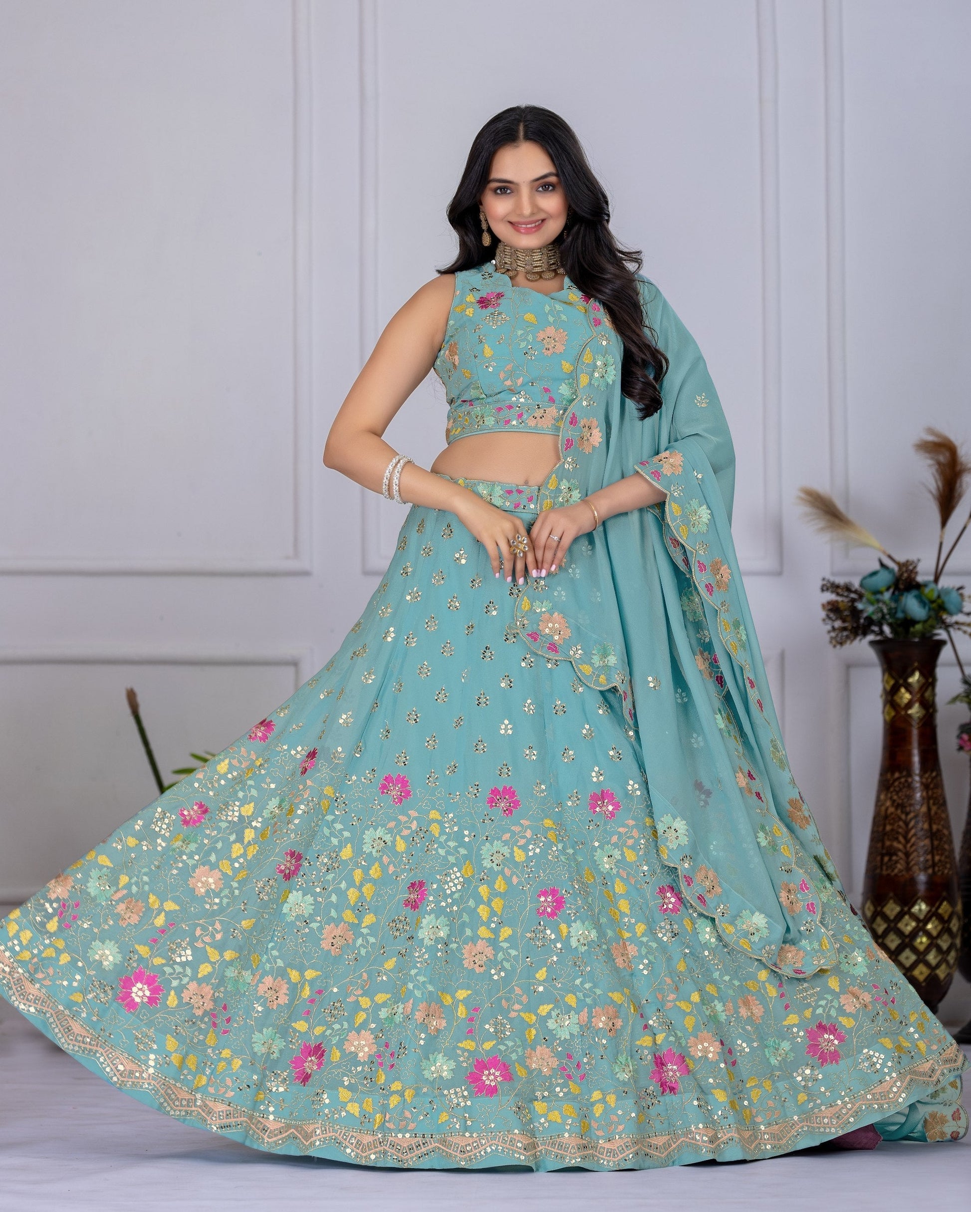 DEIANA'S Heavy Embroidery With Multi Thread Work Lehenga Choli - Firozi 