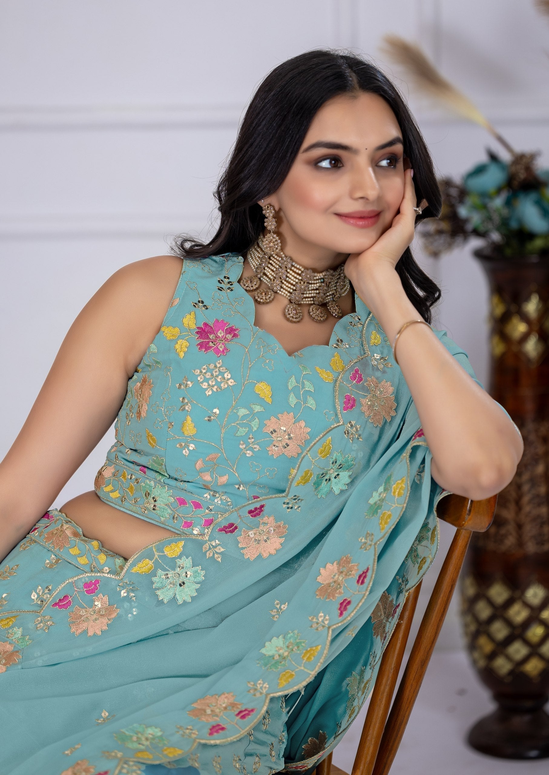 DEIANA'S Heavy Embroidery With Multi Thread Work Lehenga Choli - Firozi 