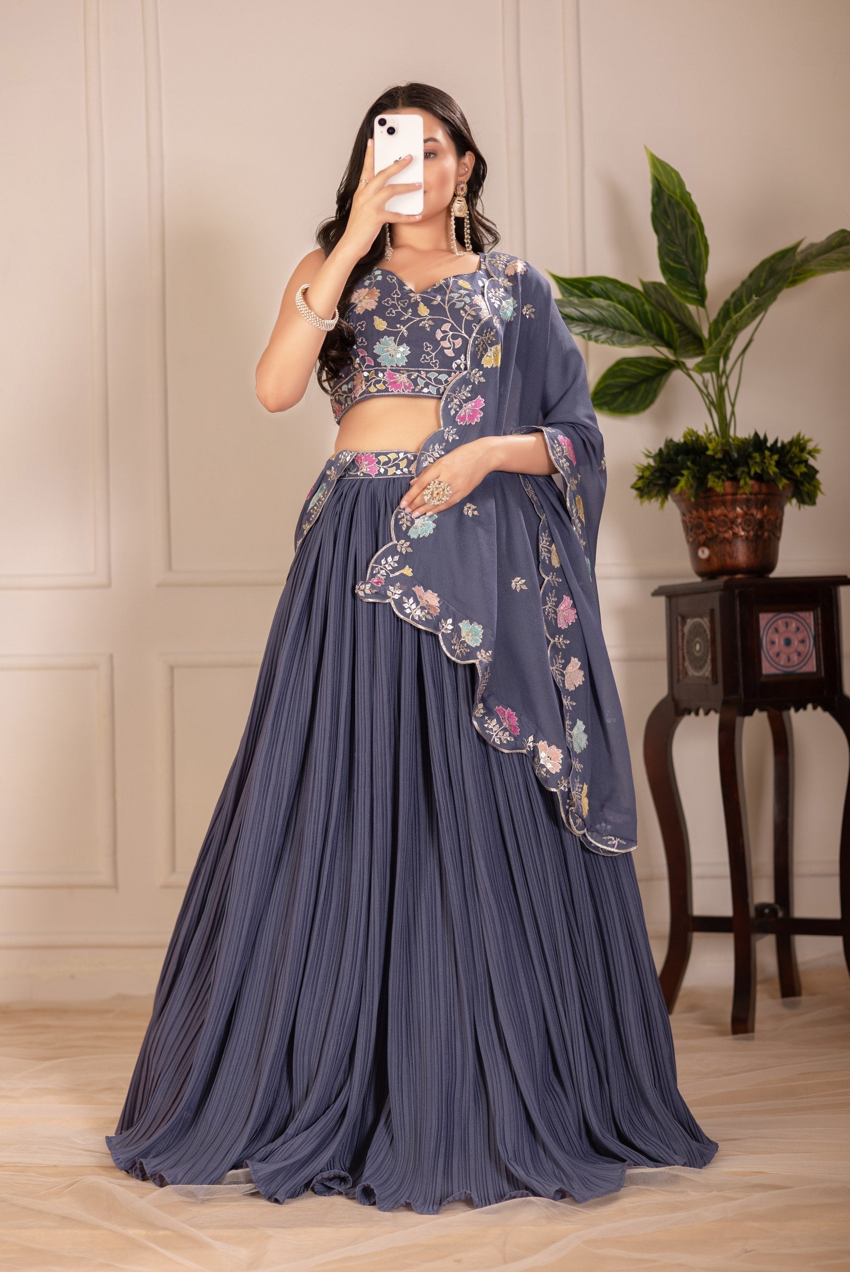 DEIANA'S Heavy Plain with crease work Lehenga Choli - Grey 