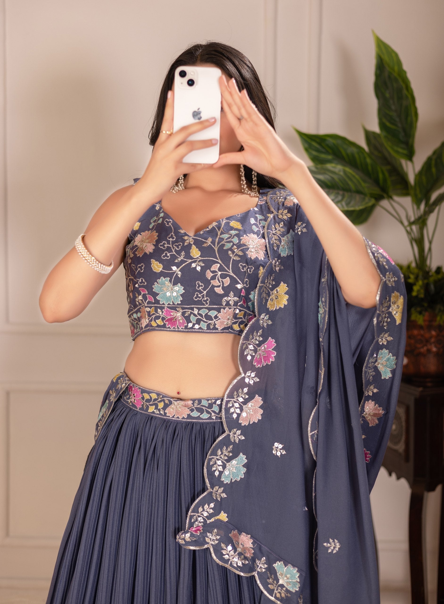 DEIANA'S Heavy Plain with crease work Lehenga Choli - Grey 