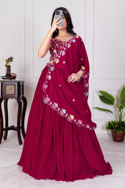 DEIANA'S Heavy Plain with crease work Lehenga Choli - Red 