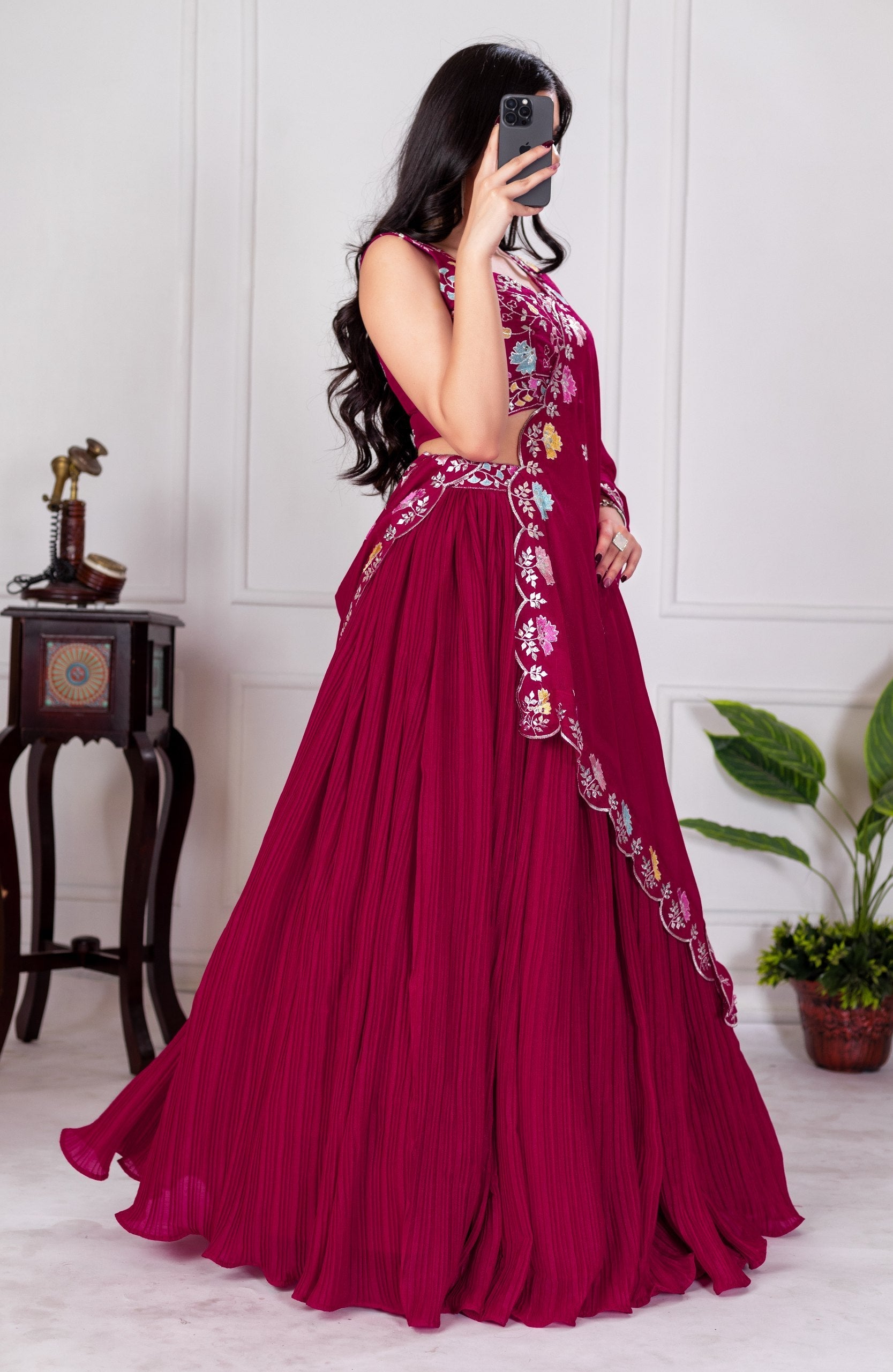 DEIANA'S Heavy Plain with crease work Lehenga Choli - Red 