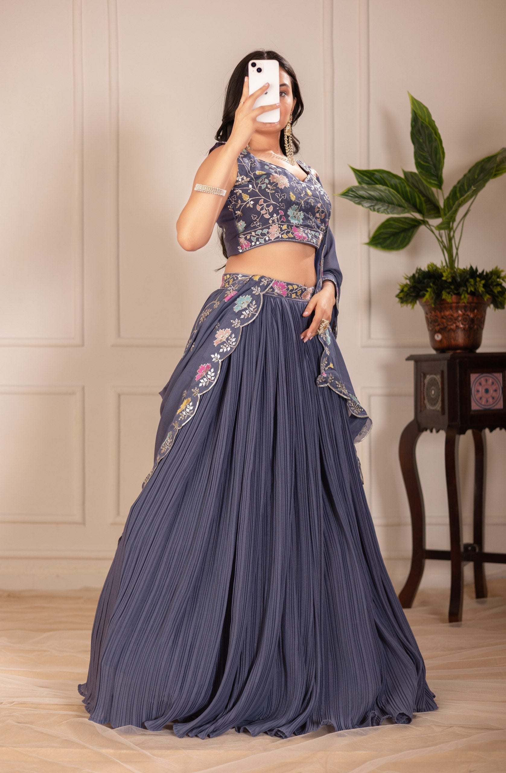 DEIANA'S Heavy Plain with crease work Lehenga Choli - Grey 