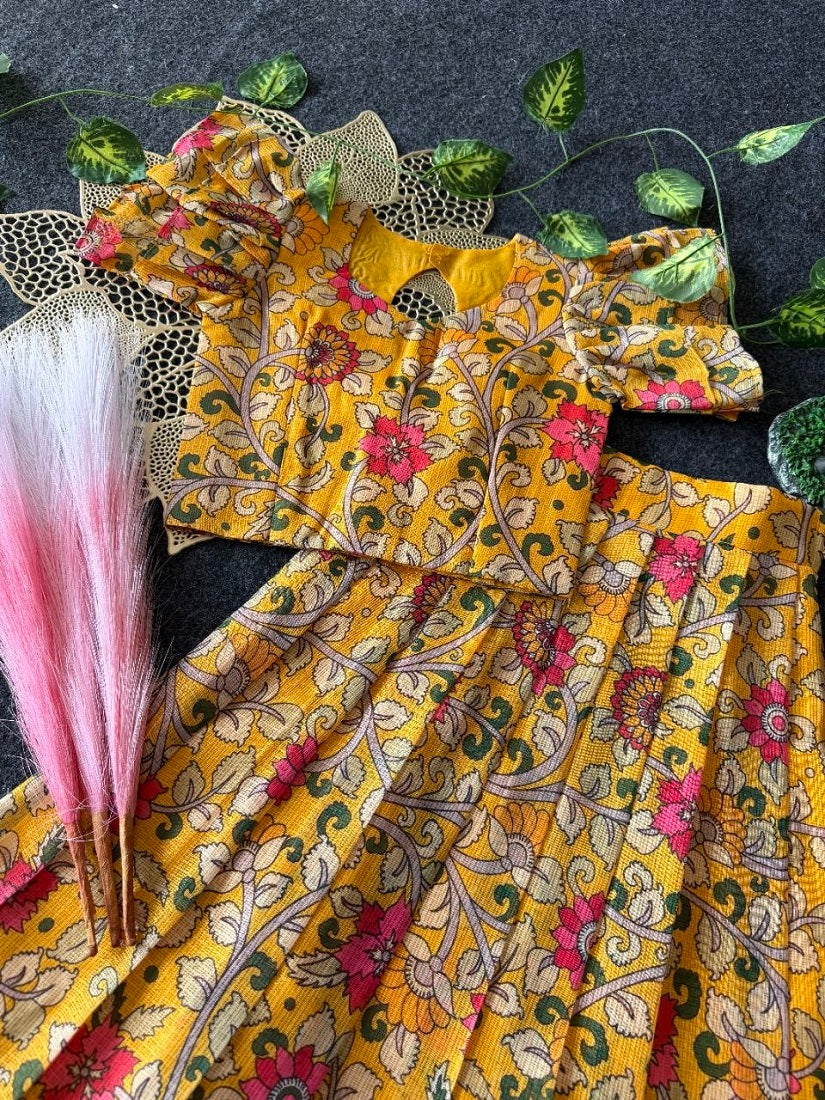Evanik Yellow Kota Chex Fabric With Floral Printed Kids Lehenga Choli