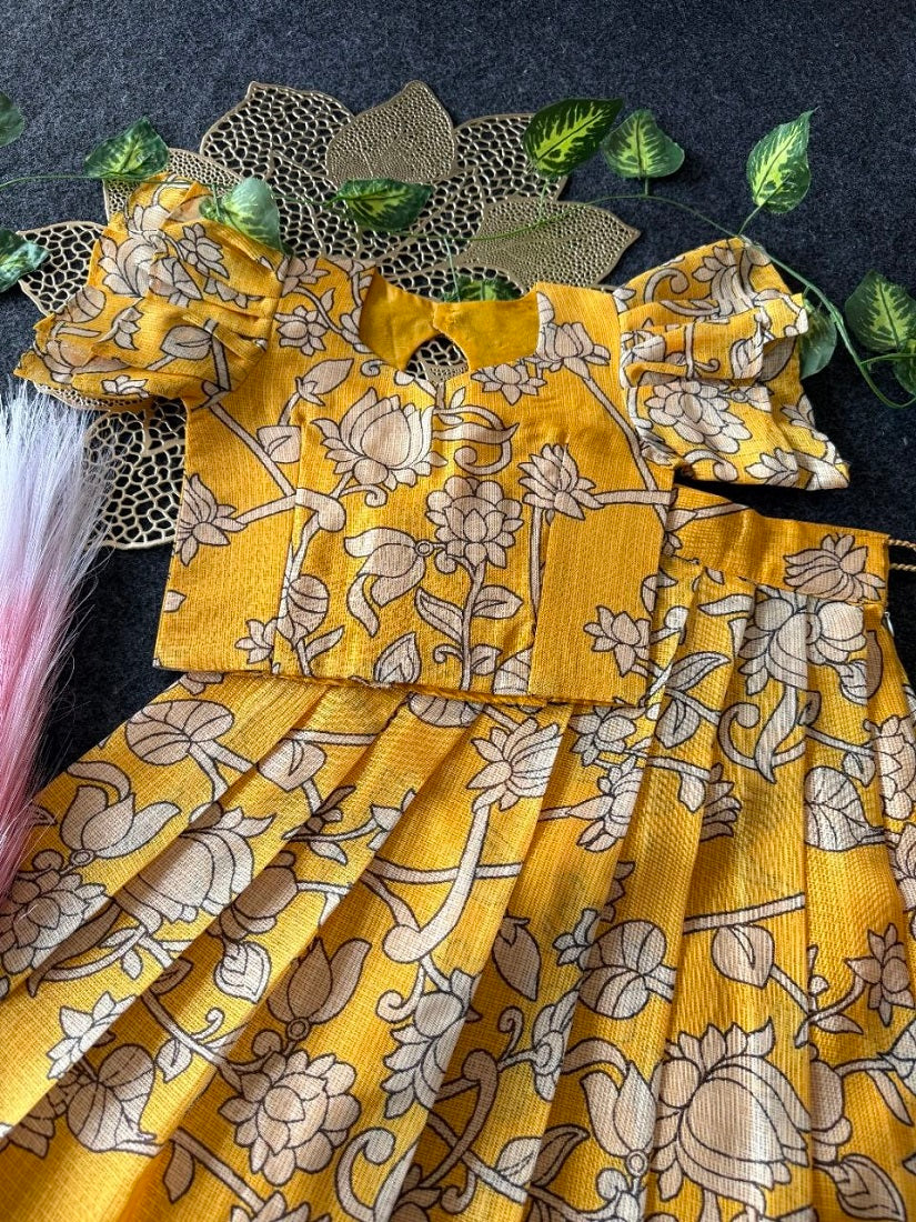 Evanik Yellow Kota Chex Fabric With Floral Printed Kids Lehenga Choli