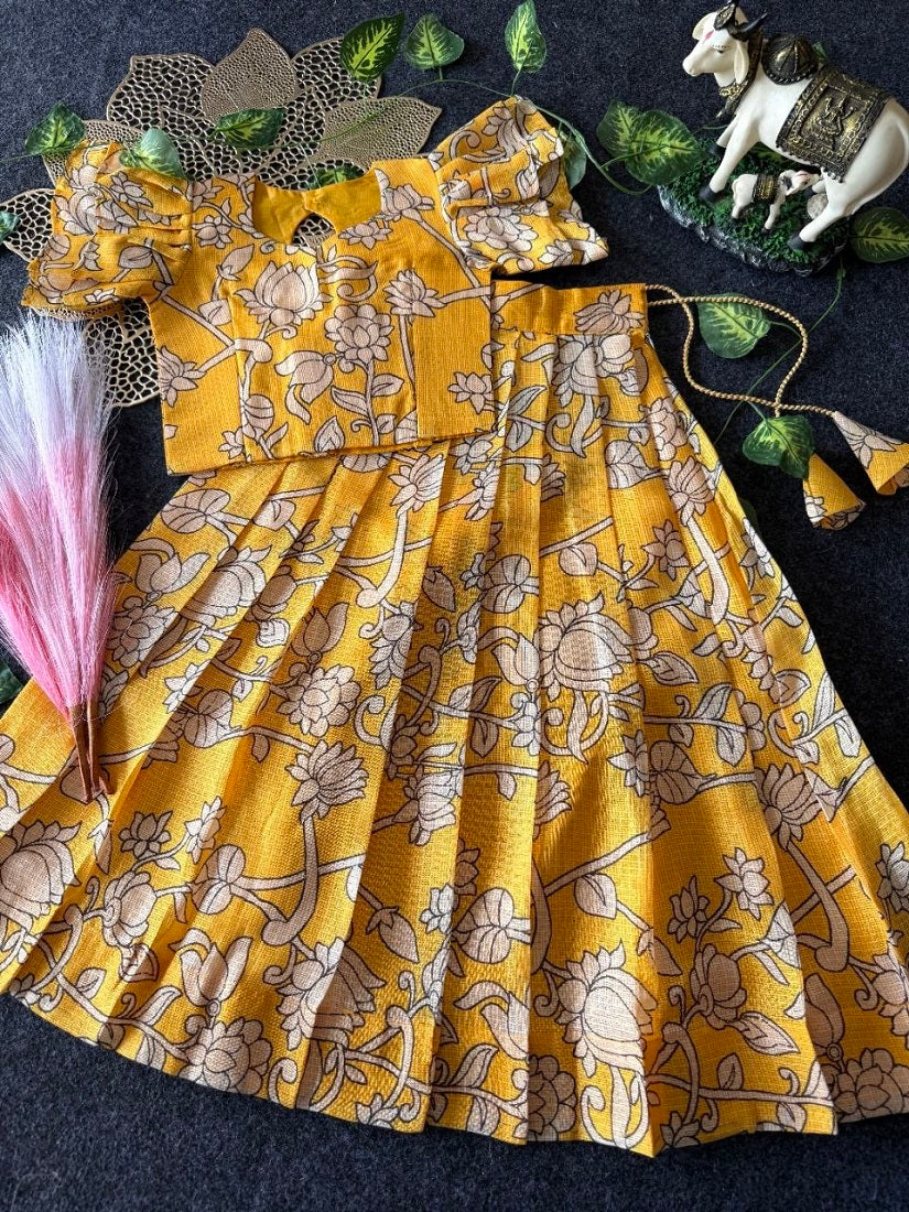 Evanik Yellow Kota Chex Fabric With Floral Printed Kids Lehenga Choli