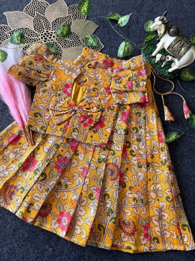 Evanik Yellow Kota Chex Fabric With Floral Printed Kids Lehenga Choli