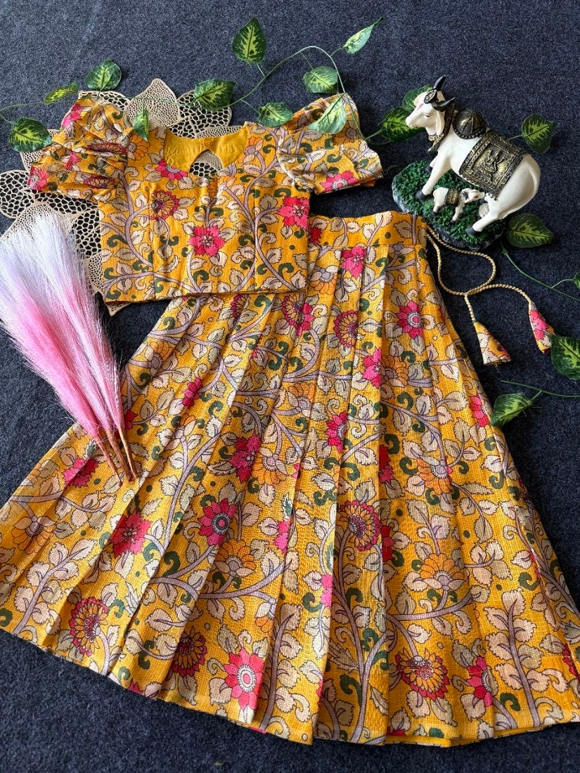 Evanik Yellow Kota Chex Fabric With Floral Printed Kids Lehenga Choli