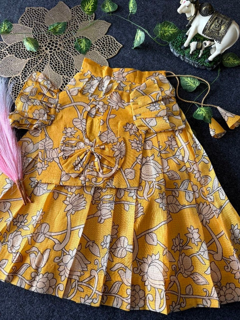 Evanik Yellow Kota Chex Fabric With Floral Printed Kids Lehenga Choli