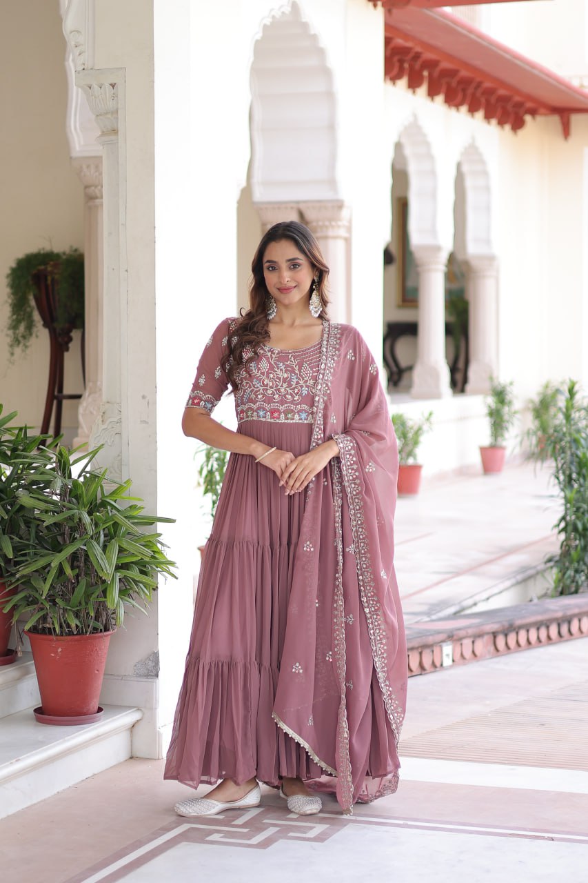 Evanik Women Faux Blooming With Beads Embroidery Work Gown Dupatta Collection