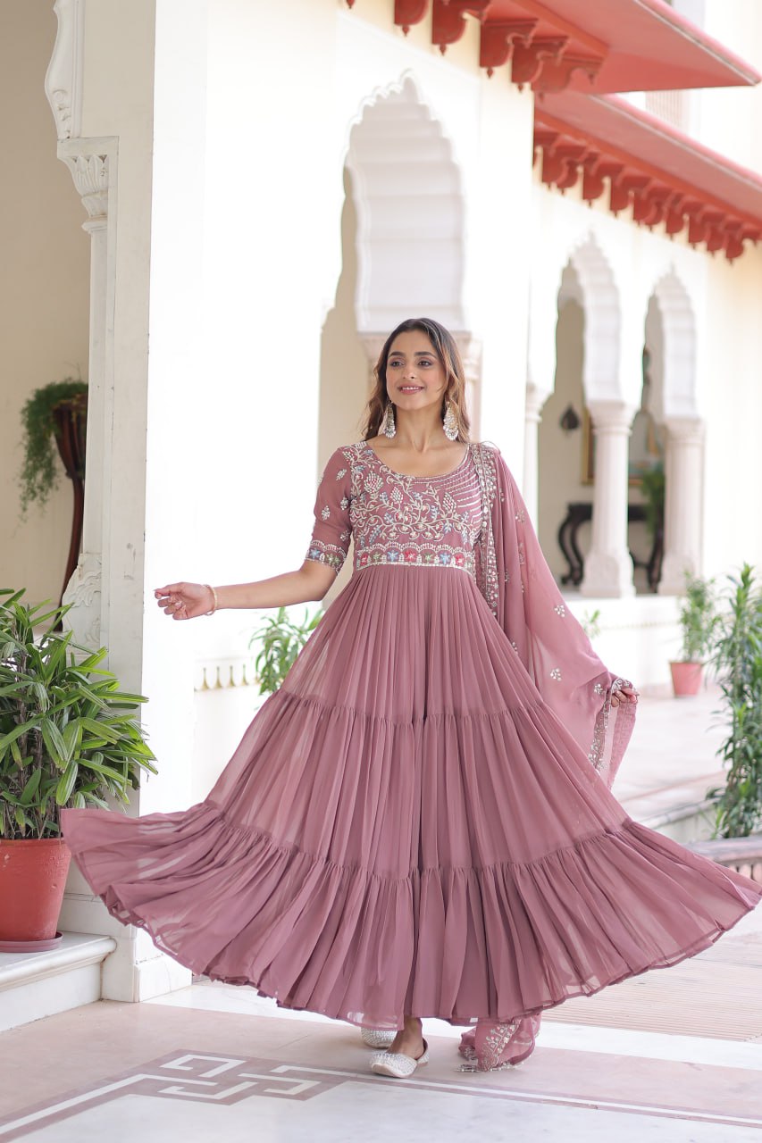 Evanik Women Faux Blooming With Beads Embroidery Work Gown Dupatta Collection
