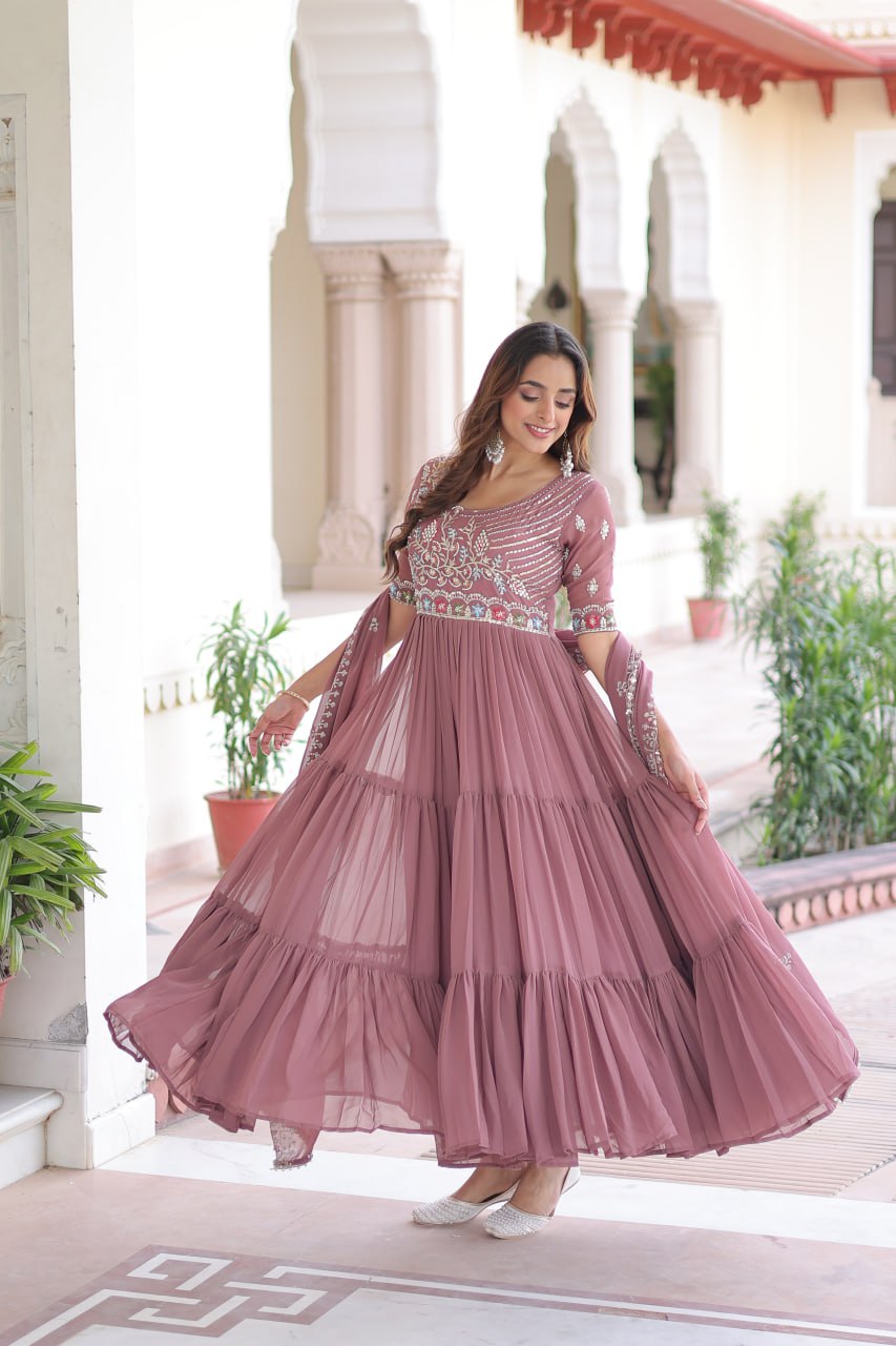 Evanik Women Faux Blooming With Beads Embroidery Work Gown Dupatta Collection