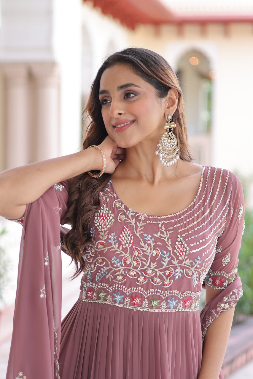 Evanik Women Faux Blooming With Beads Embroidery Work Gown Dupatta Collection