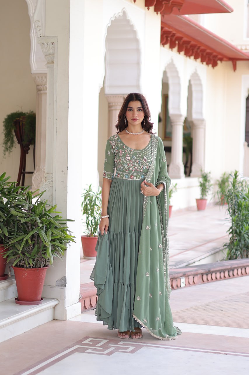 Evanik Women Faux Blooming With Beads Embroidery Work Gown Dupatta Collection