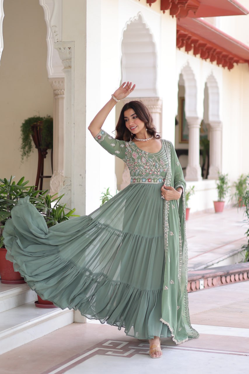 Evanik Women Faux Blooming With Beads Embroidery Work Gown Dupatta Collection