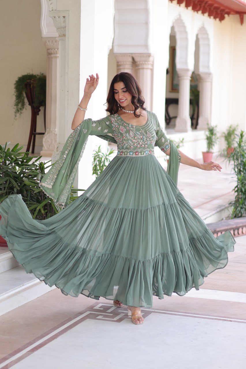 Evanik Women Faux Blooming With Beads Embroidery Work Gown Dupatta Collection